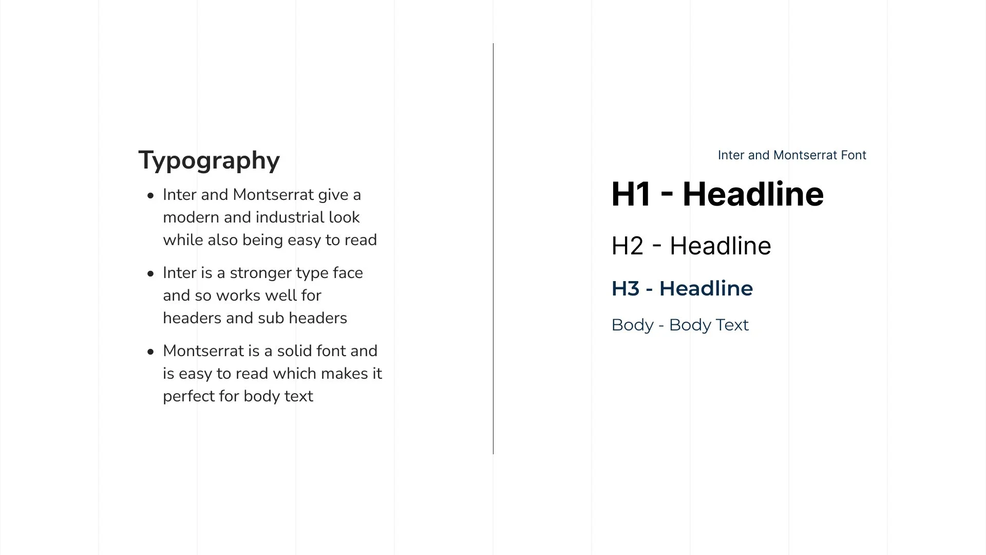 A presentation slide comparing typography styles. The left side describes Inter and Montserrat fonts as modern, easy to read, with a stronger face for headers. The right side shows font examples: H1 in bold, H2 in medium weight, H3 in dark blue, and body text.