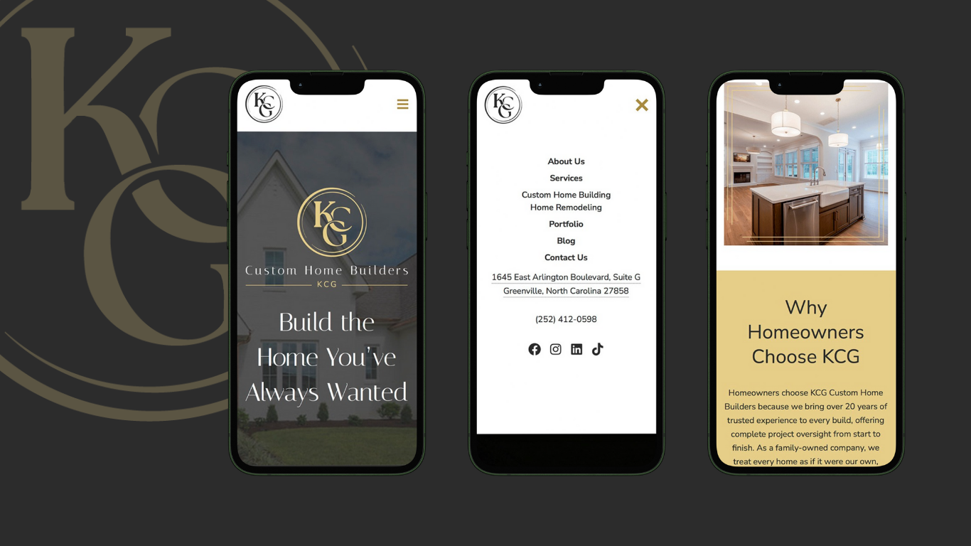 Three smartphones displaying a home building company's website with the logo, contact information, and a page about why homeowners choose KCG, along with an image of a kitchen.