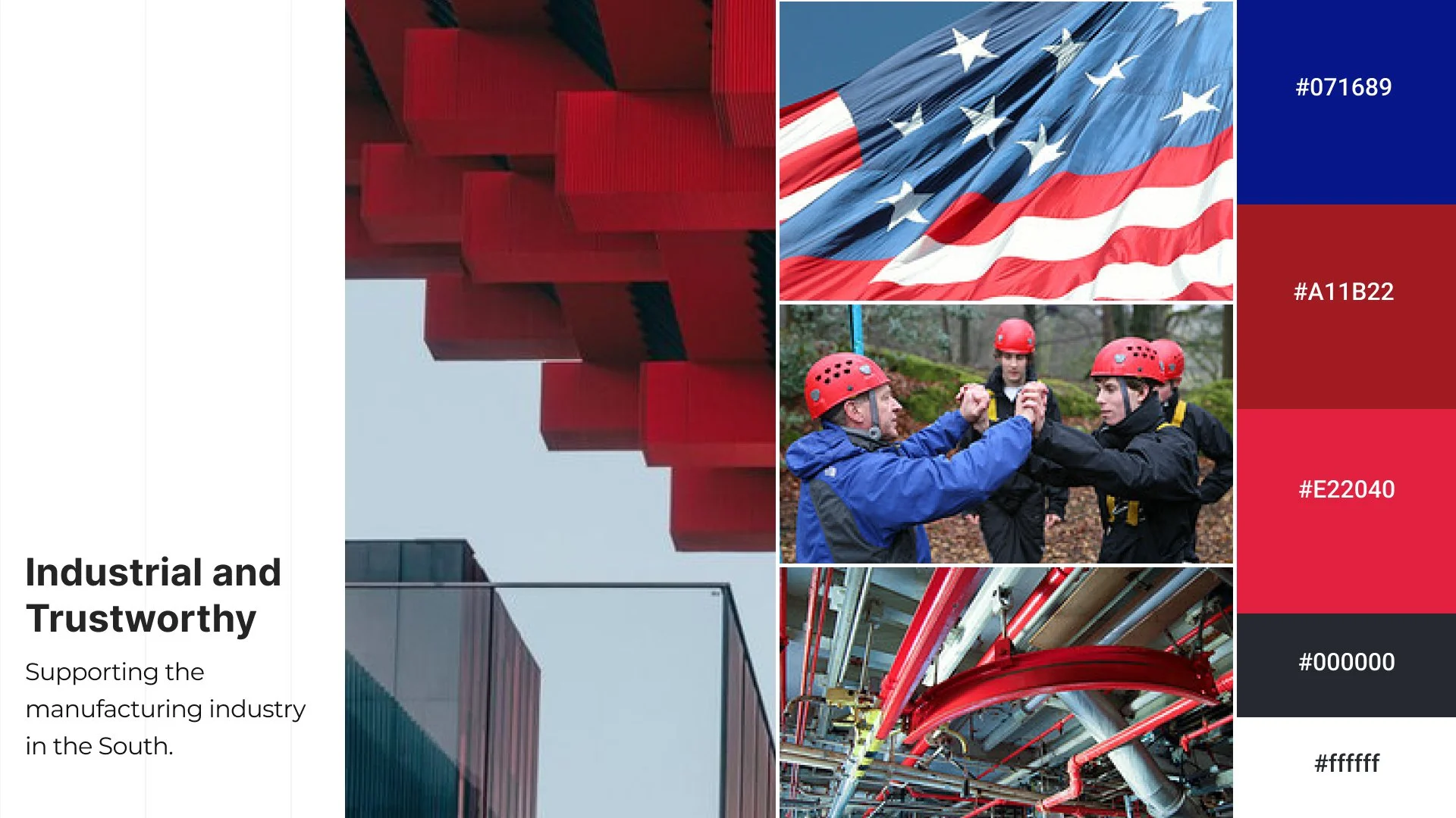 Collage of images including red cubes, an American flag, people wearing helmets engaged in team-building activities outdoors, and industrial piping, with a color palette and text highlighting support for the manufacturing industry in the South.