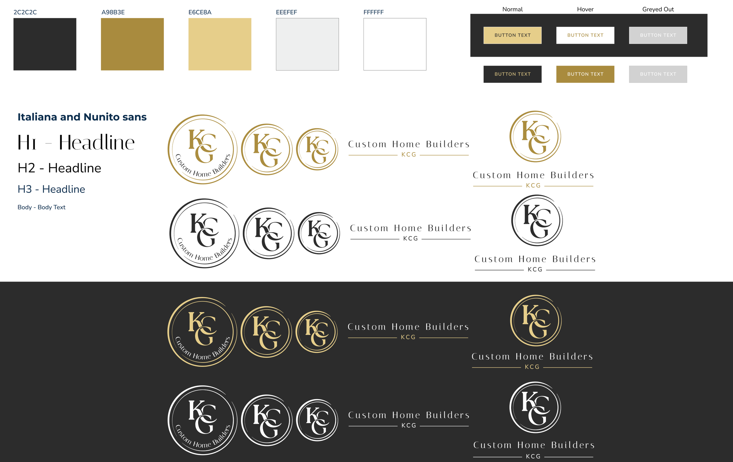 Color palette, logo designs, and branding styles for a company called 'Custom Home Builders,' featuring black, gold, and white color schemes, with text and logo variations for different themes and backgrounds.