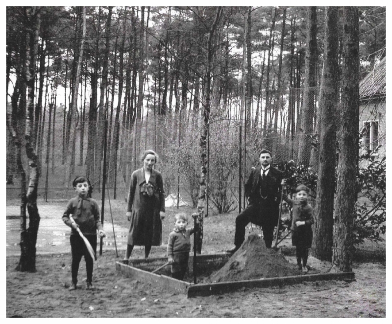Uncles - Isadore & Ezra, father - Menno, and granparents - Yitzhak & Johanna Denneboom outside of orphanage in Hilversam, Hollland. c. 1926