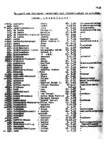 Page from a list of transportees from Westerbork to Theresienstadt. The Lichtensterns are #412-415