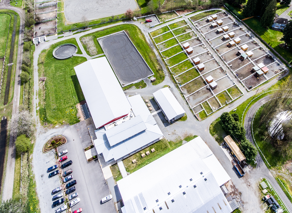 Aerial view of facility and paddocks