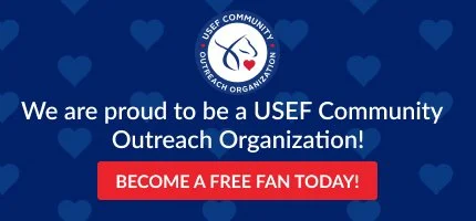Banner with USEF Community Outreach Organization logo and text reading, “We are proud to be a USEF Community Outreach Organization! Become a Free Fan Today!” on a blue background with subtle heart icons.