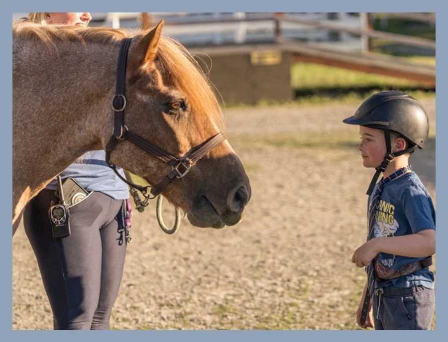 A boy wearing a helmet gently faces a brown horse outdoors, meeting the horse’s gaze while a staff member holds the lead rope nearby.