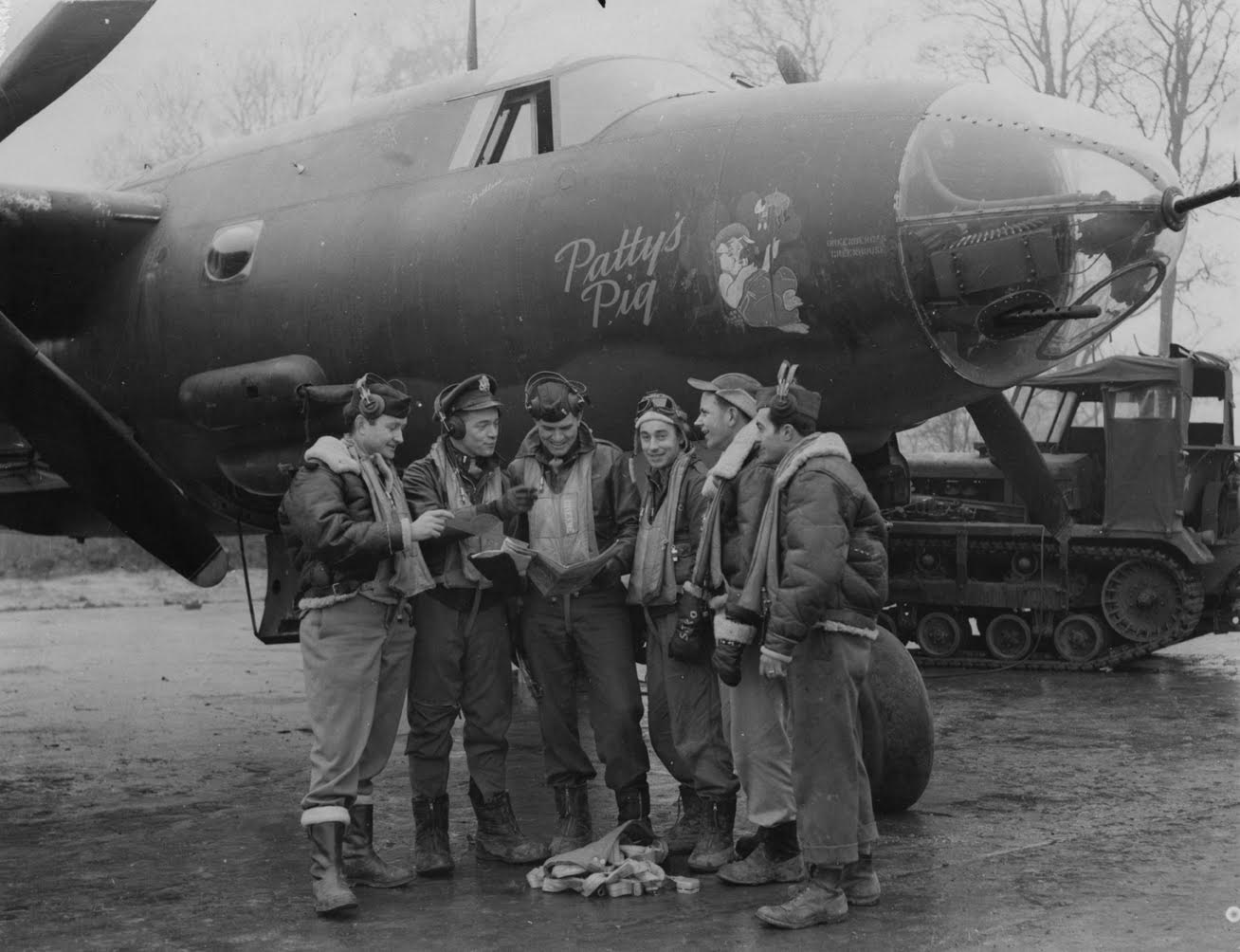 "Patty's Pig" of the 323rd Bombardment Group — 456th Bombardment Squadron. Lt. Walter J. Brown, second from left. (Photo courtesy of the American Air Museum in Britain)