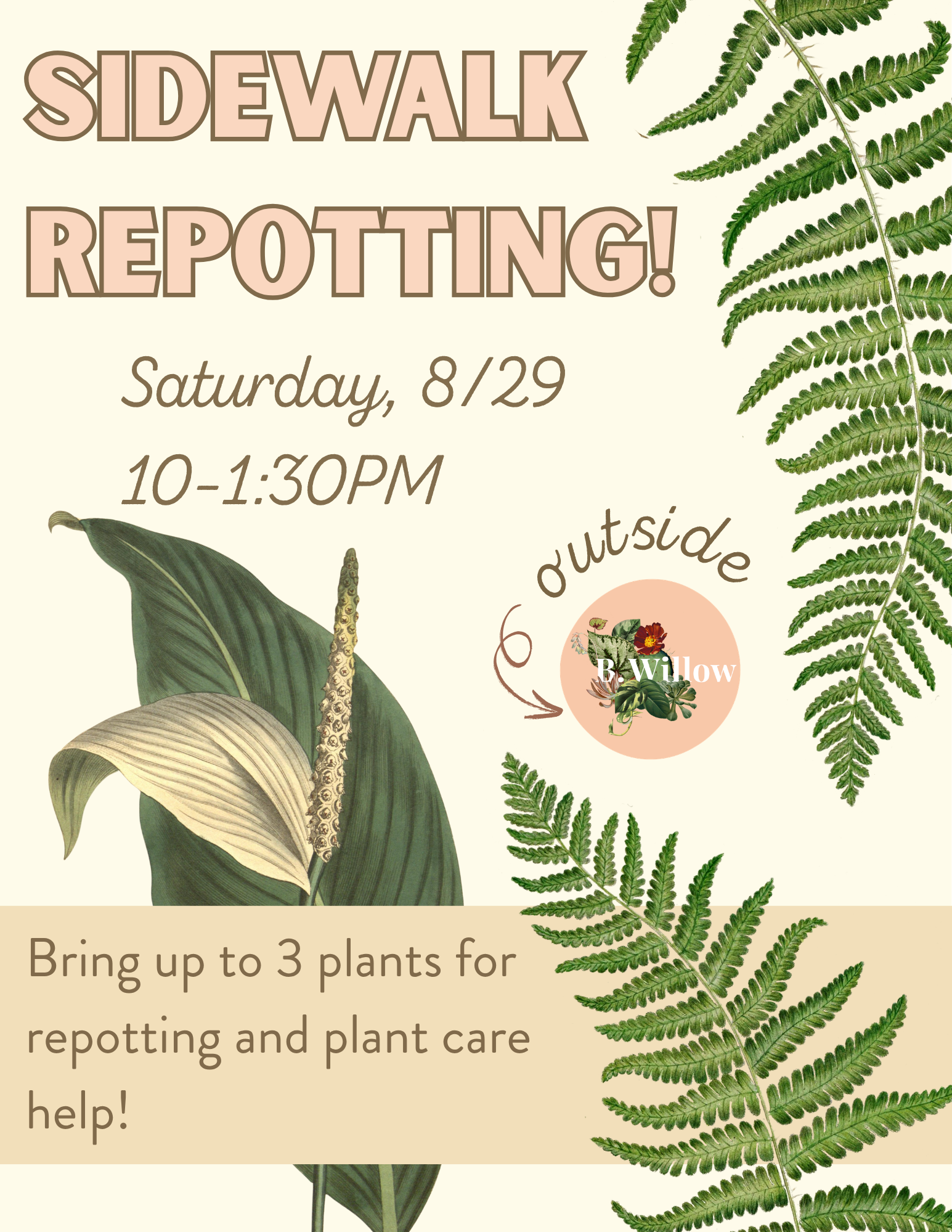 A flyer for a repotting event at B.Willow. Text on a light pink background with botanical illustrations for an event happening August 29 from 10-1:30pm. Bring up to 3 plants for us to repot and just pay for the soil.