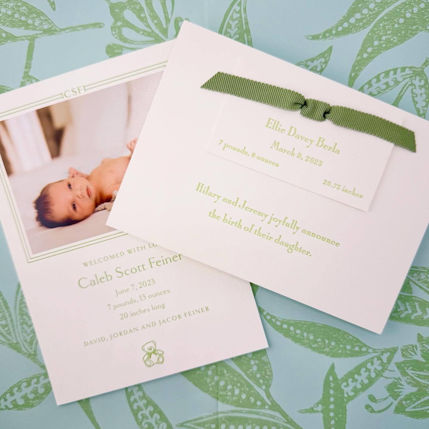 Green! We adore seeing this cheerful colorful as a major trend recently with our birth announcement orders. If pink or blue does not feel right, consider all the many shades of green (celery, celadon, sage, apple, and more!)