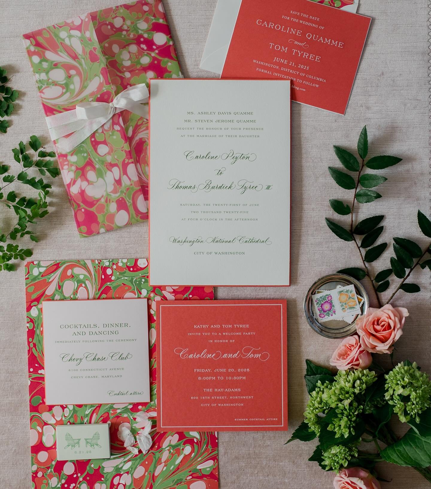 Bride Caroline had a strong color palette from the very beginning and using a custom marble pattern was the perfect way to carry it through in her paper goods from the liner on the save the date, to matchbook escort cards and even ice cream cups! @pi