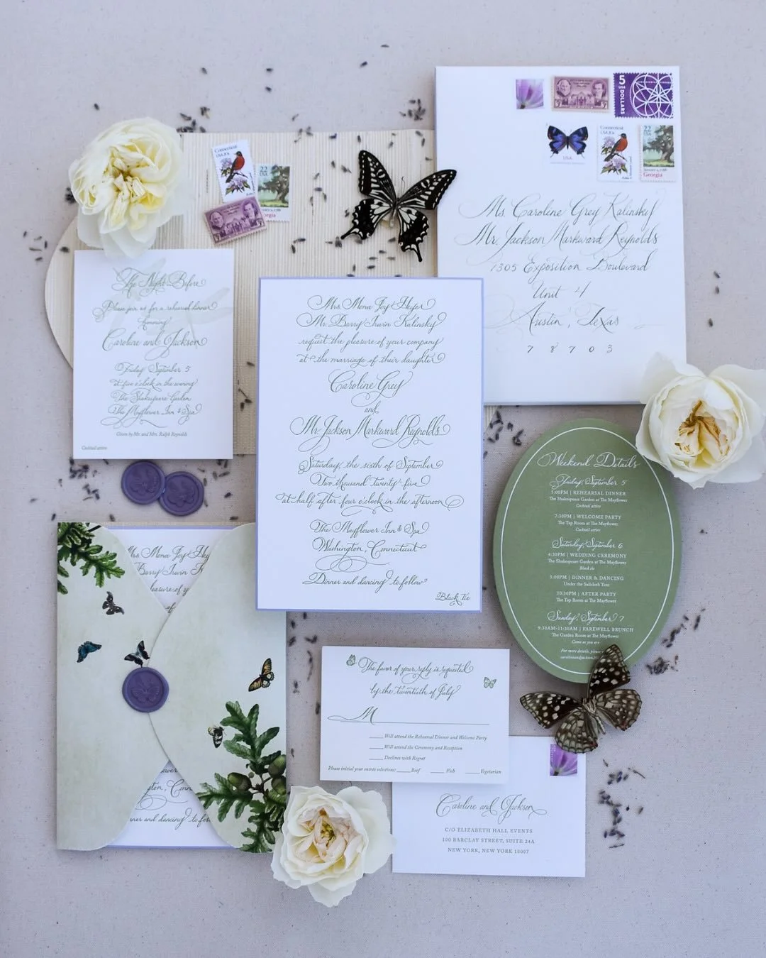 Set amid woodland grounds and finely cultivated gardens, the Mayflower Inn inspired the tone of this timeless yet fresh paper suite! A whimsical calligraphy style, warm textural grasscloth fabric and a bold butterfly mural are just a few of the detai