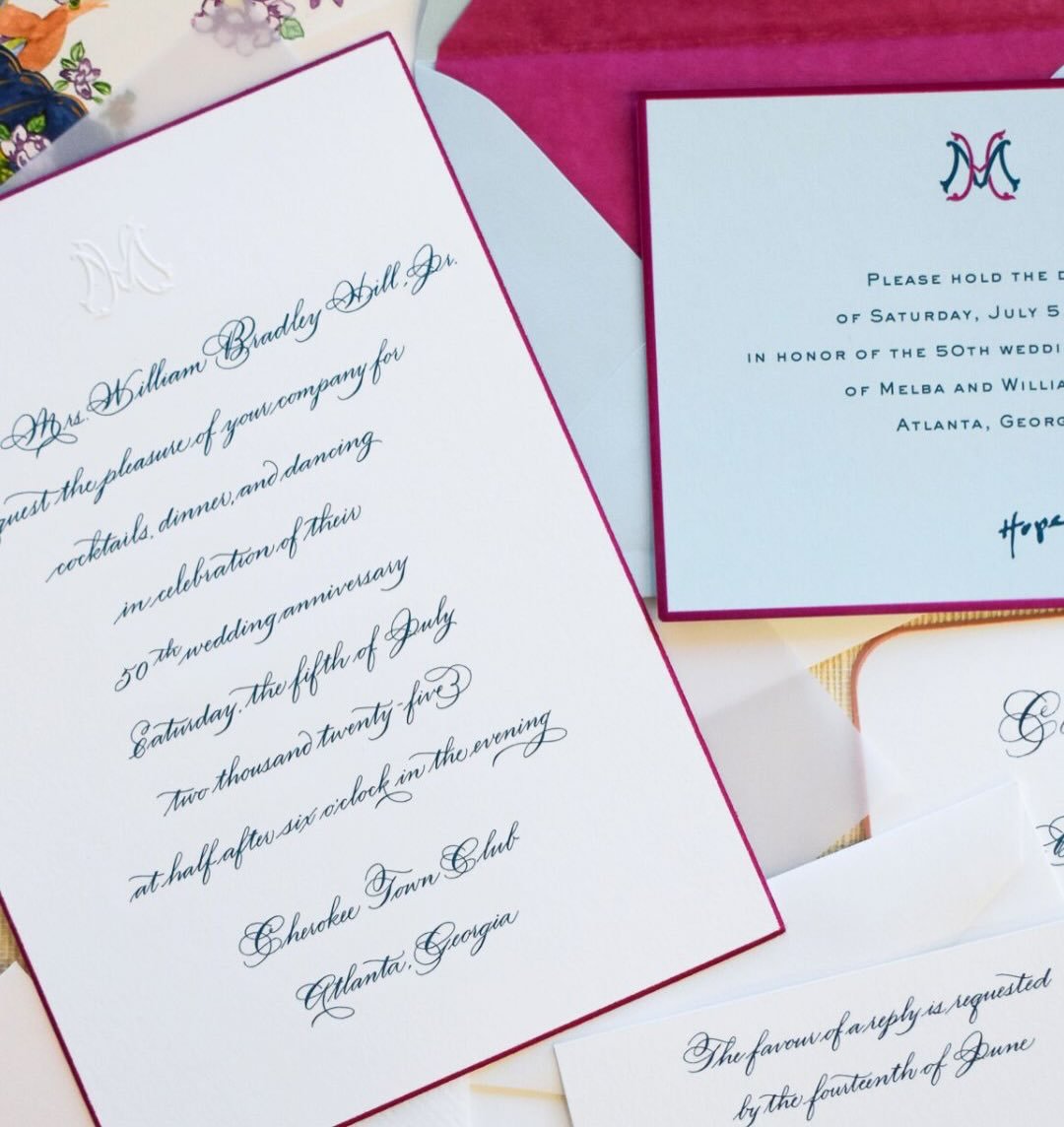 A 50th wedding anniversary deserves an invitation suite this special! Custom engraved hand-calligraphy by @nicoleblackcalligraphy with an embossed duo-gram to celebrate the couple.
