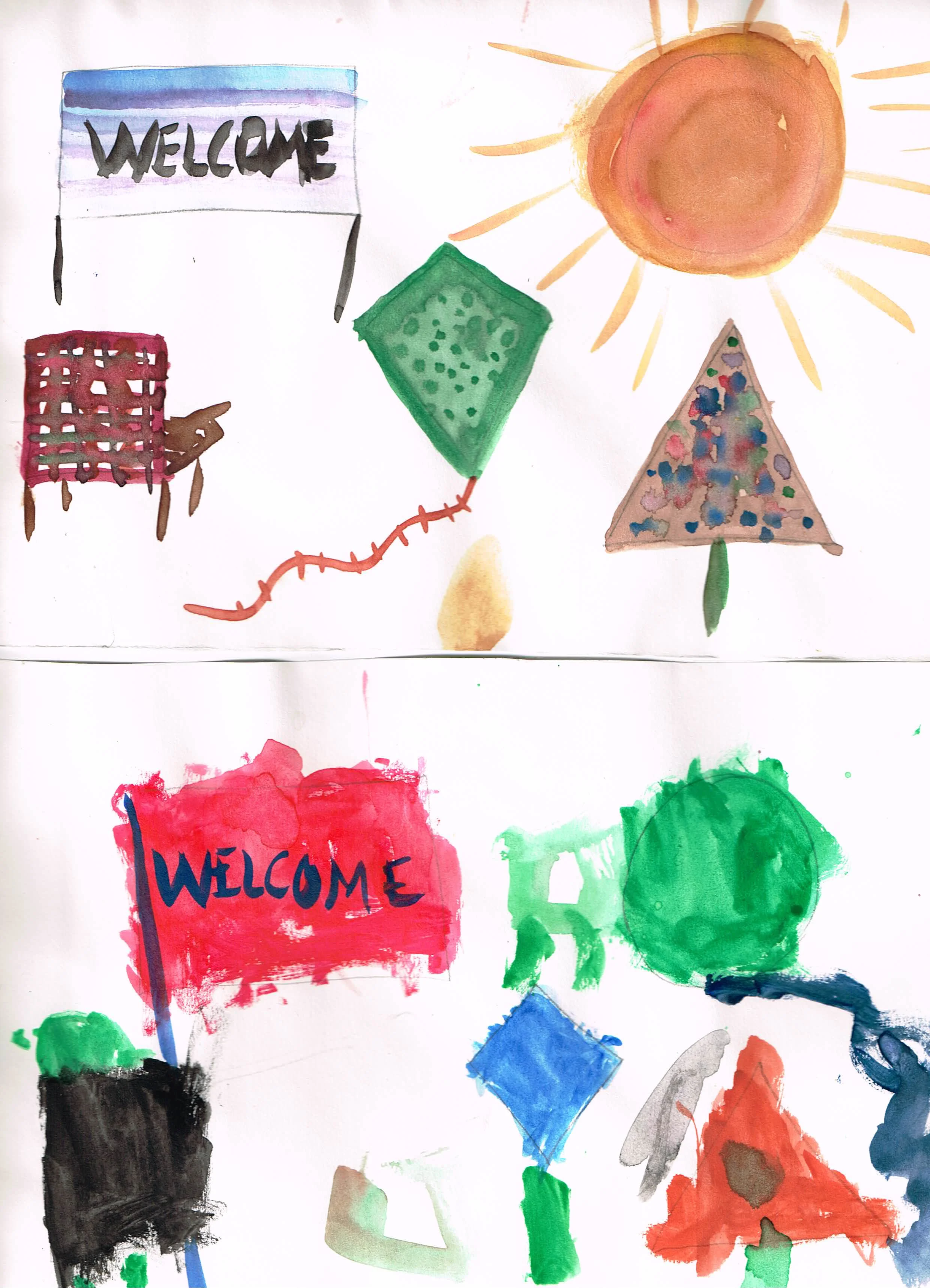 Here was mine and my son’s paintings. He did a pretty good job! Top: Rectangle= Sign, Circle= Sun, Square= Chair, Kite=Kite, Triangle= Christmas tree Bottom: Rectangle= Flag, Circle= Balloon, Square= Chair, Kite= Sign, Triangle= Tree