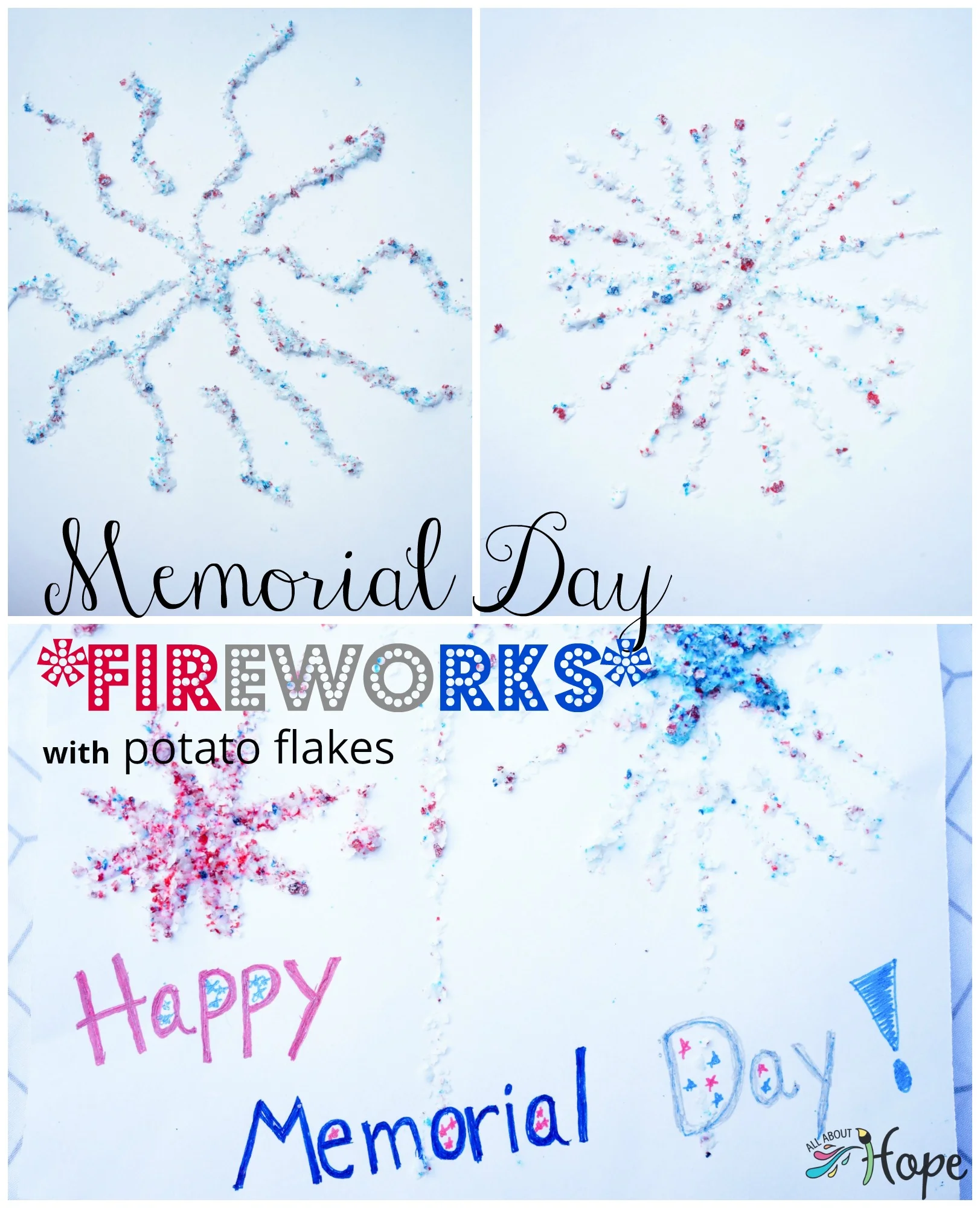 DIY Memorial Day Craft, DIY Memorial Day Fireworks Craft, DIY Patriotic Craft, Red White Blue craft, Potato Flakes Craft, Food Coloring Crafts, Memorial Day Fireworks