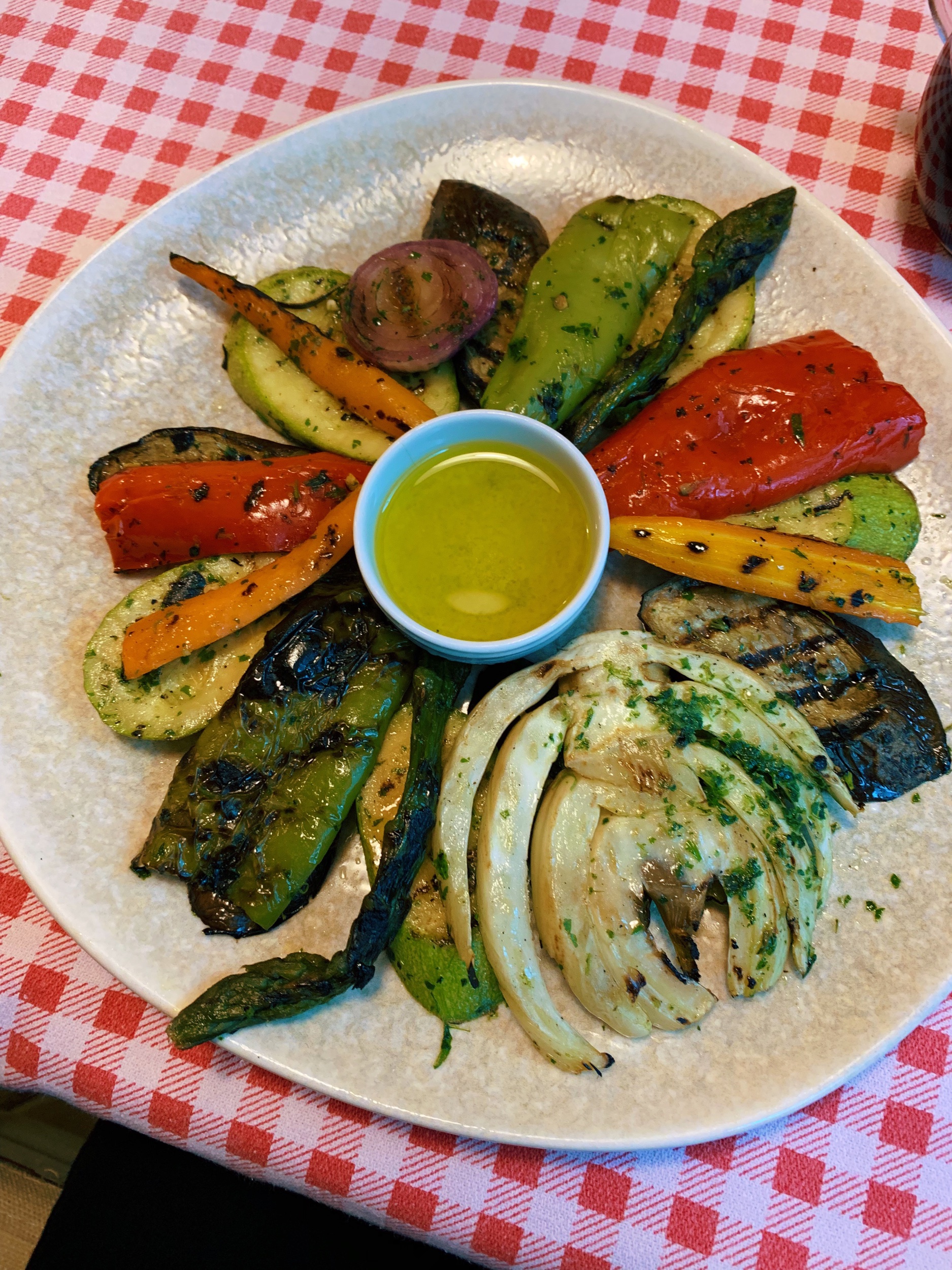 Grilled vegetables at ERA. This restaurant has a mix of Italian and Albanian food. Italy has had a big influence on Albania, which is just a ferry ride away. At one point under the Mussolini government, Italy occupied Albania.