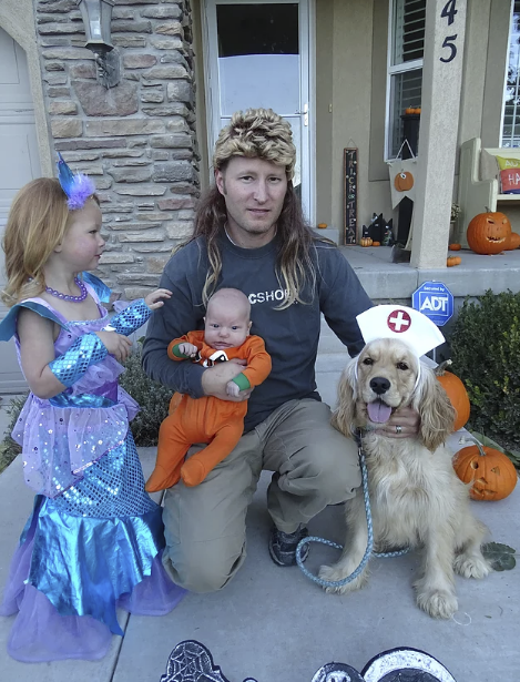 Here is our Golden Cocker Retriever, Piper the nurse, with a darling Jack-o-lantern, Joe Dirt, and Mermaid