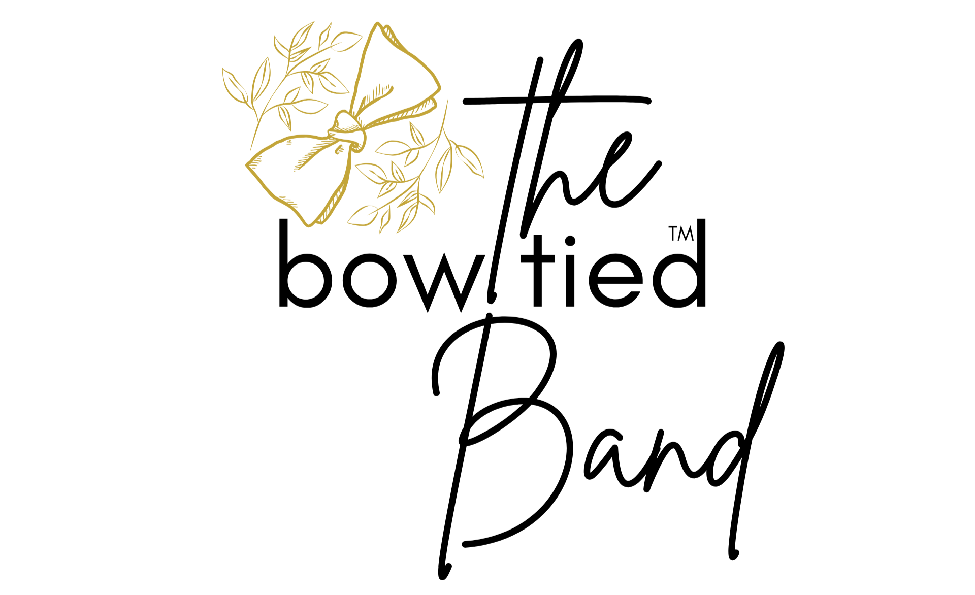 Logo with a gold bow and leaves, with the text 'The Bowtied Band' in black and cursive font.