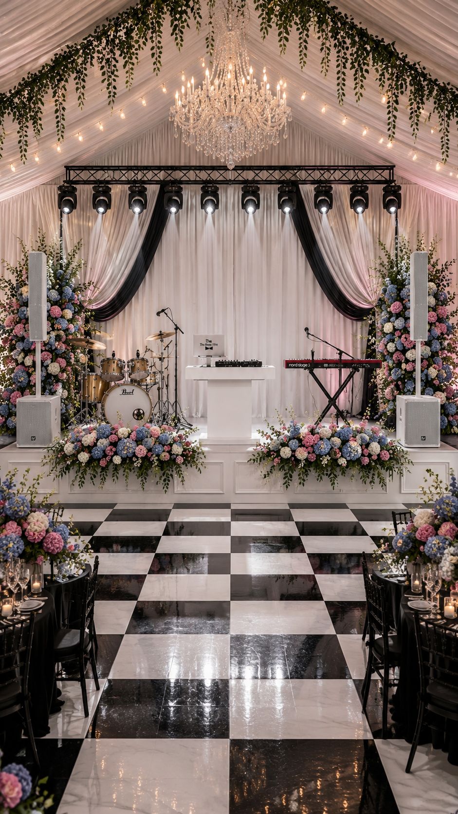 Elegant wedding reception stage decorated with pink, white, and blue hydrangeas and roses, with a crystal chandelier, black and white drapery, musical instruments including drums and keyboards, and a black-and-white checkered dance floor.
