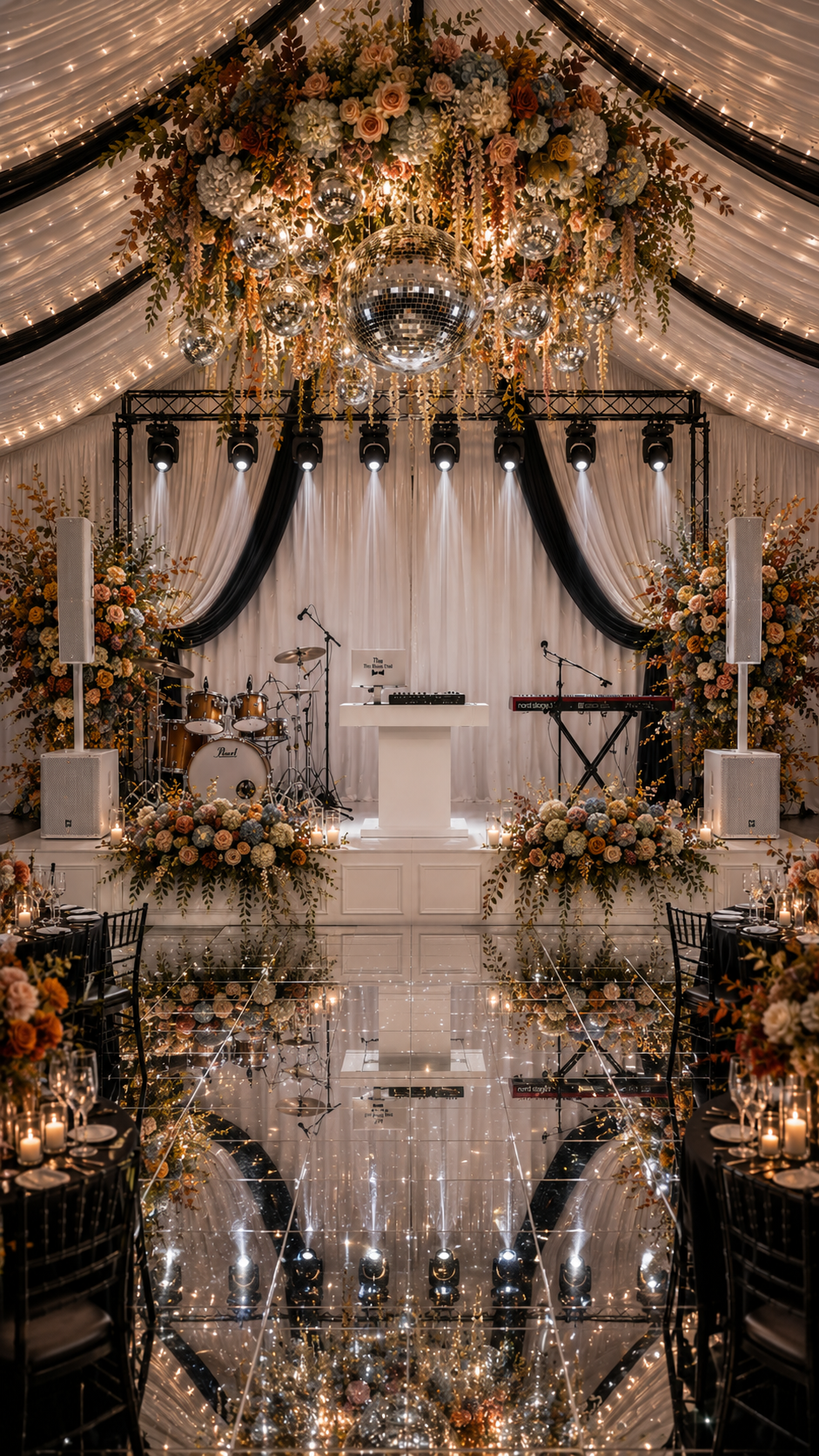 Elegant wedding or event stage decorated with a large floral chandelier, disco balls, and draped curtains, featuring musical instruments and stage lighting.
