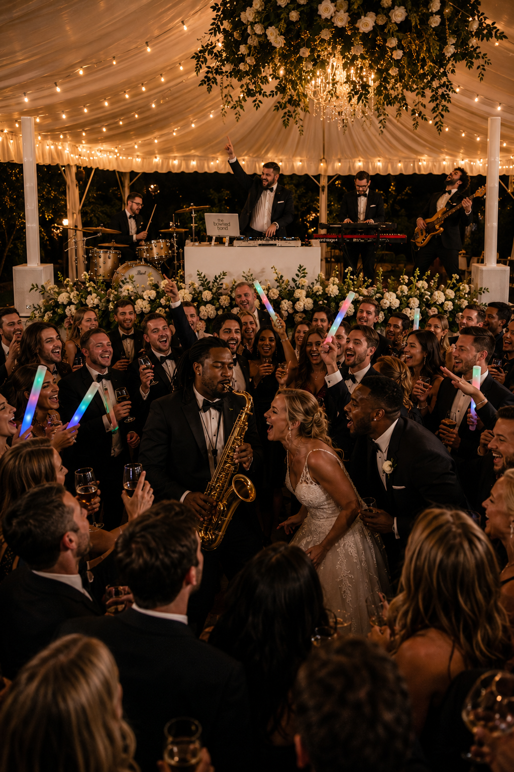 A lively wedding reception with a live band performing on a decorated stage, surrounded by guests dancing and enjoying the celebration under a canopy with string lights and floral arrangements.