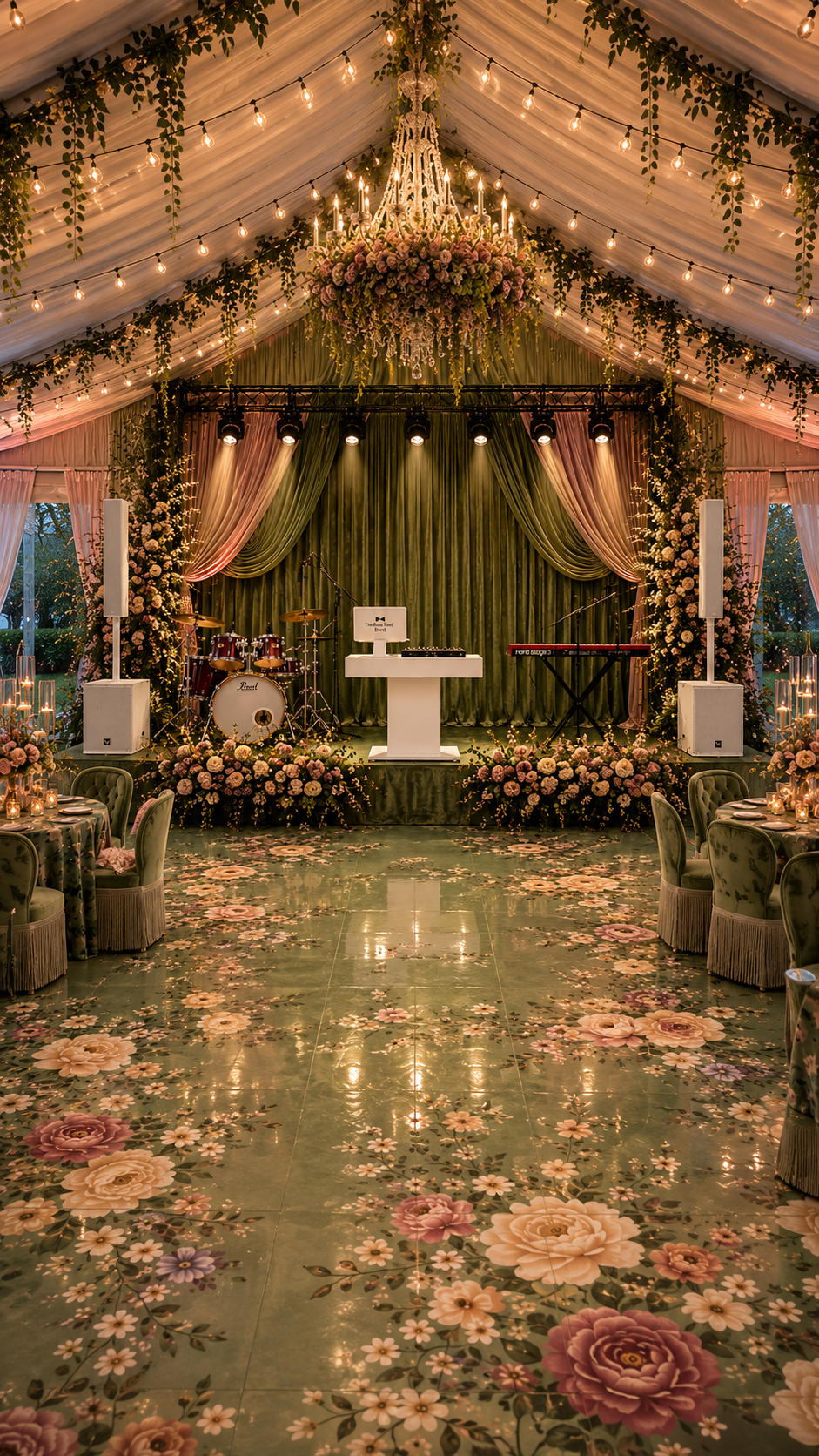 Elegant event tent with floral decorations, a stage with musical instruments and lighting, floral arrangements, and tables with candles and chairs with floral upholstery.