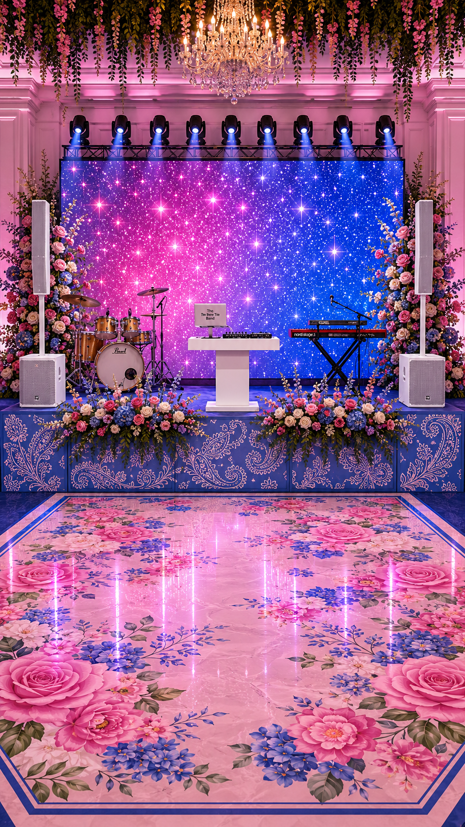 A decorated stage with musical instruments and floral arrangements, set against a starry galaxy backdrop. The scene is illuminated with stage lights and a chandelier, with a floral-patterned floor in the foreground.