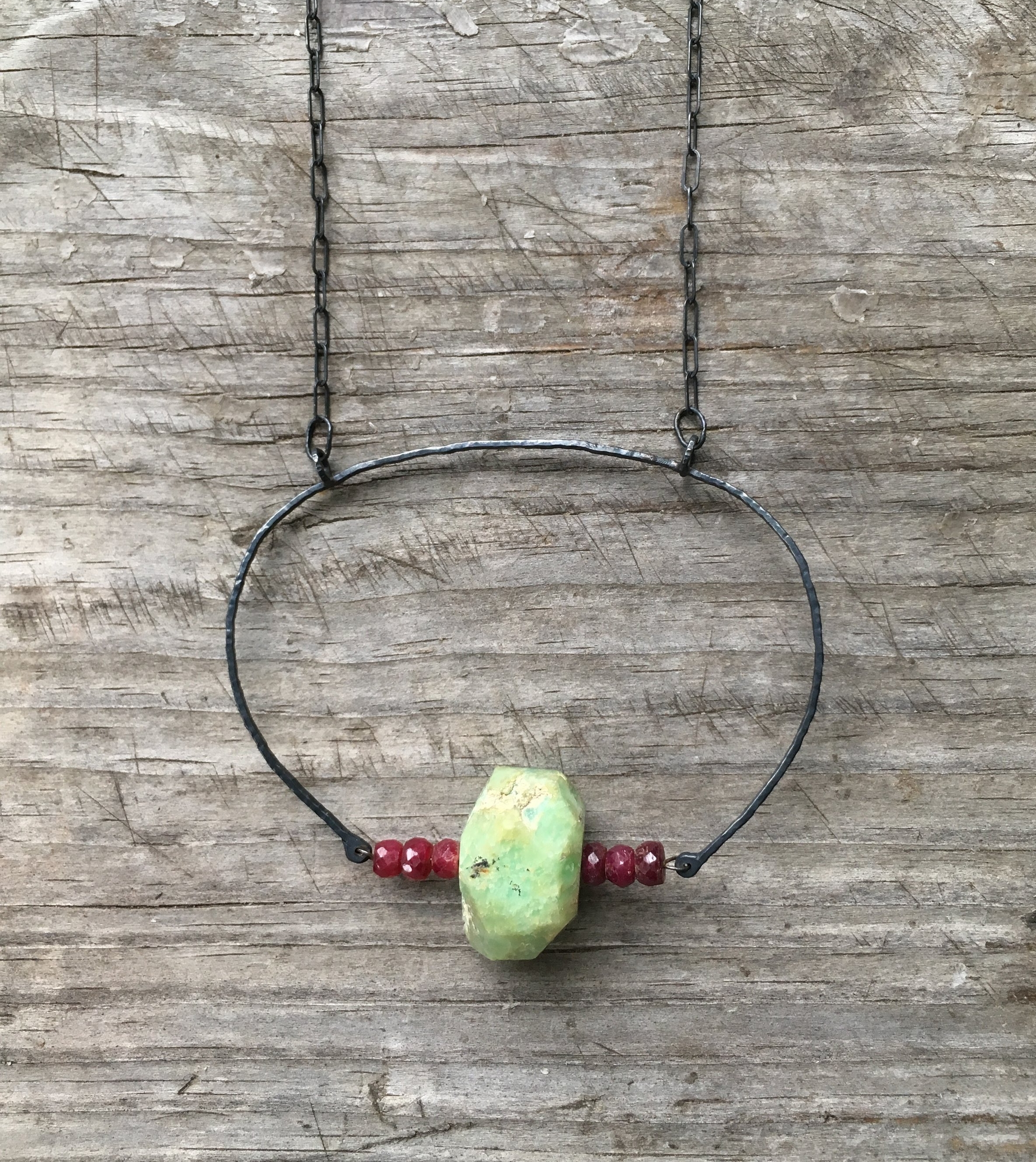 Oxidized silver, chrysophase, rough rubies