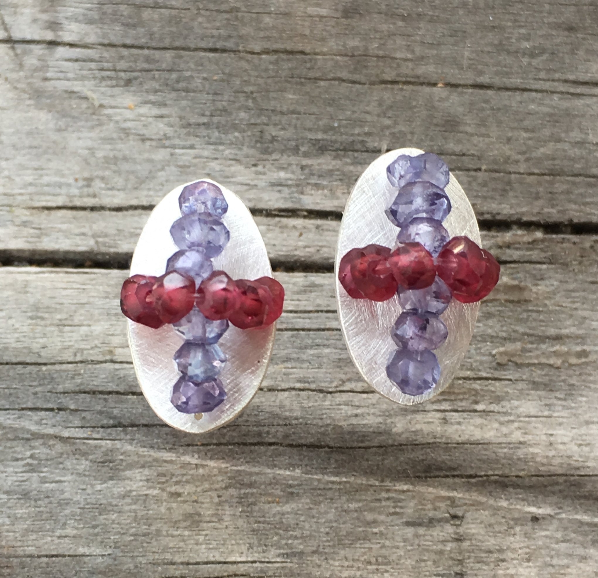 Garnet, iolite, silver earrings