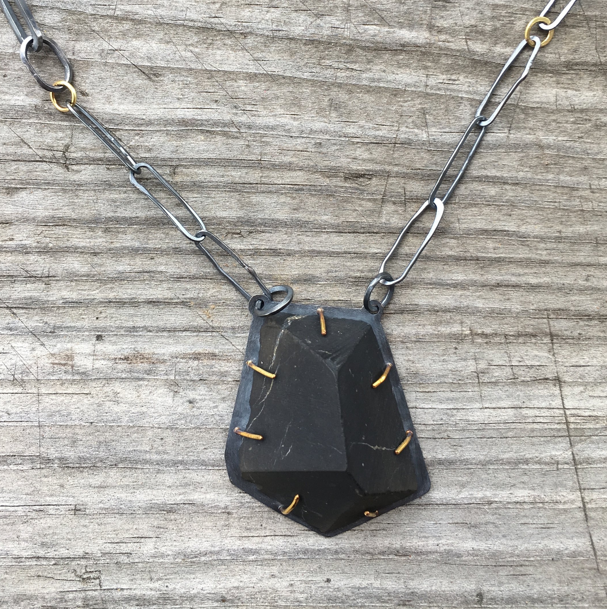 Shungite, 18k yg, oxidized silver necklace detail