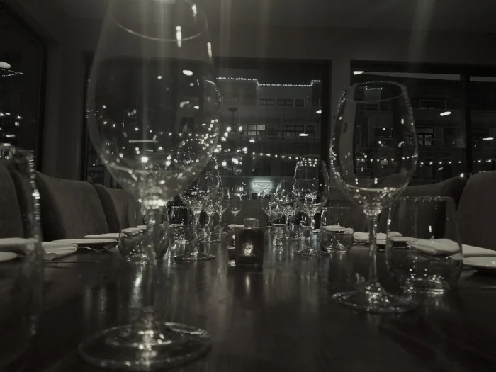 Wine stems at attention.