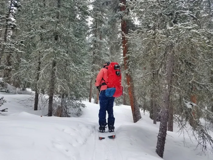 Lacey moves through the Gore Range carrying her provisions, April 2018.
