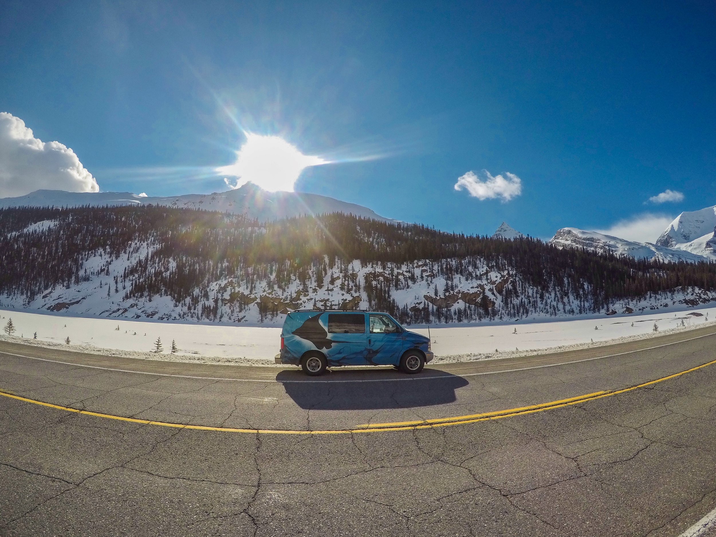 Jelly the Campervan amongst the mountains and glaciers on the Icefields Parkway