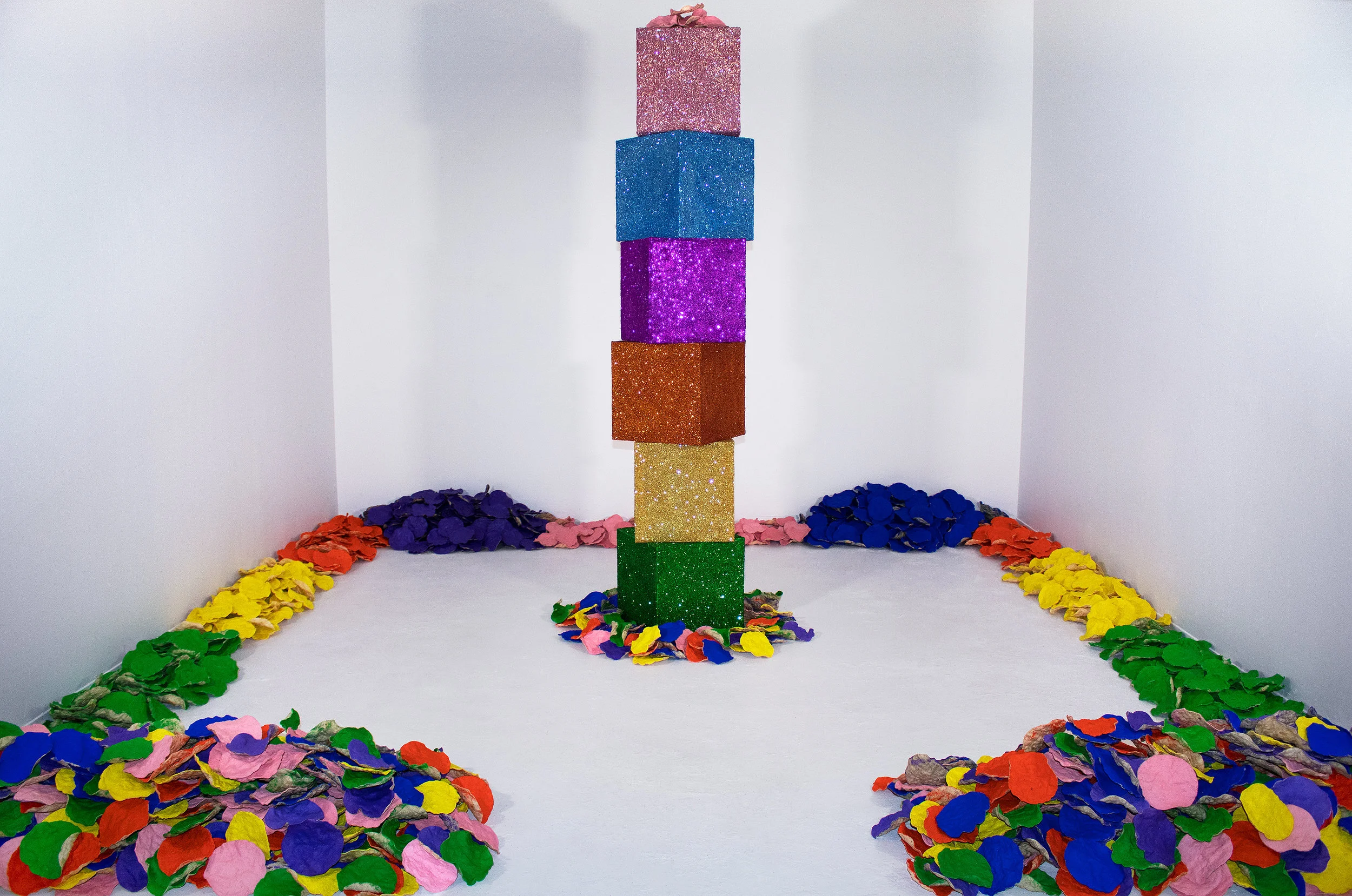 Spectrum installation: acrylic on corn tortillas, glitter on charmeuse on chipboard
