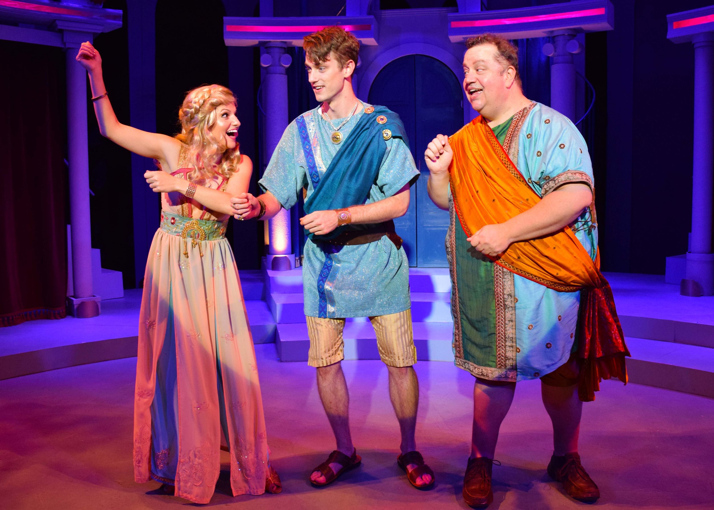  Philia (Nicole Kaplan), Hero (Michael Thomas Grant), Pseudolus (Paul C. Vogt) in A Funny Thing Happened On The Way To The Forum at the Garry Marshall Theatre. Photo by Chelsea Sutton.   