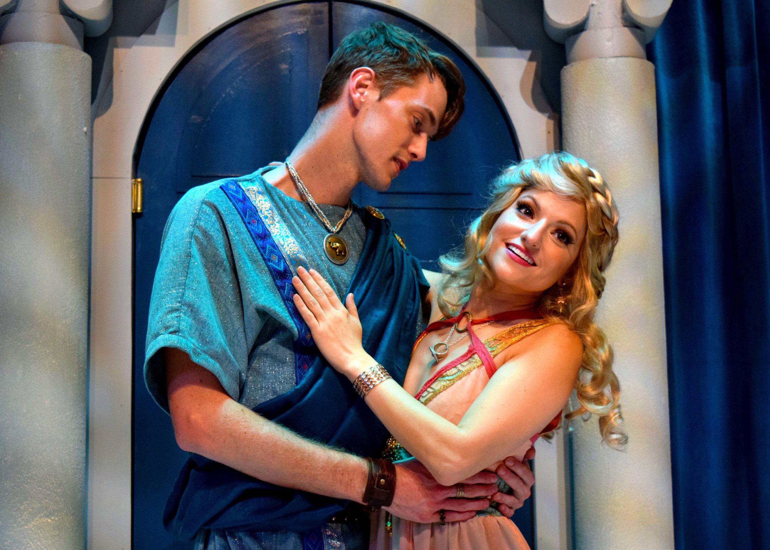  Hero (Michael Thomas Grant) and Philia (Nicole Kaplan) in A Funny Thing Happened On The Way To The Forum at the Garry Marshall Theatre. Photo by Chelsea Sutton. 