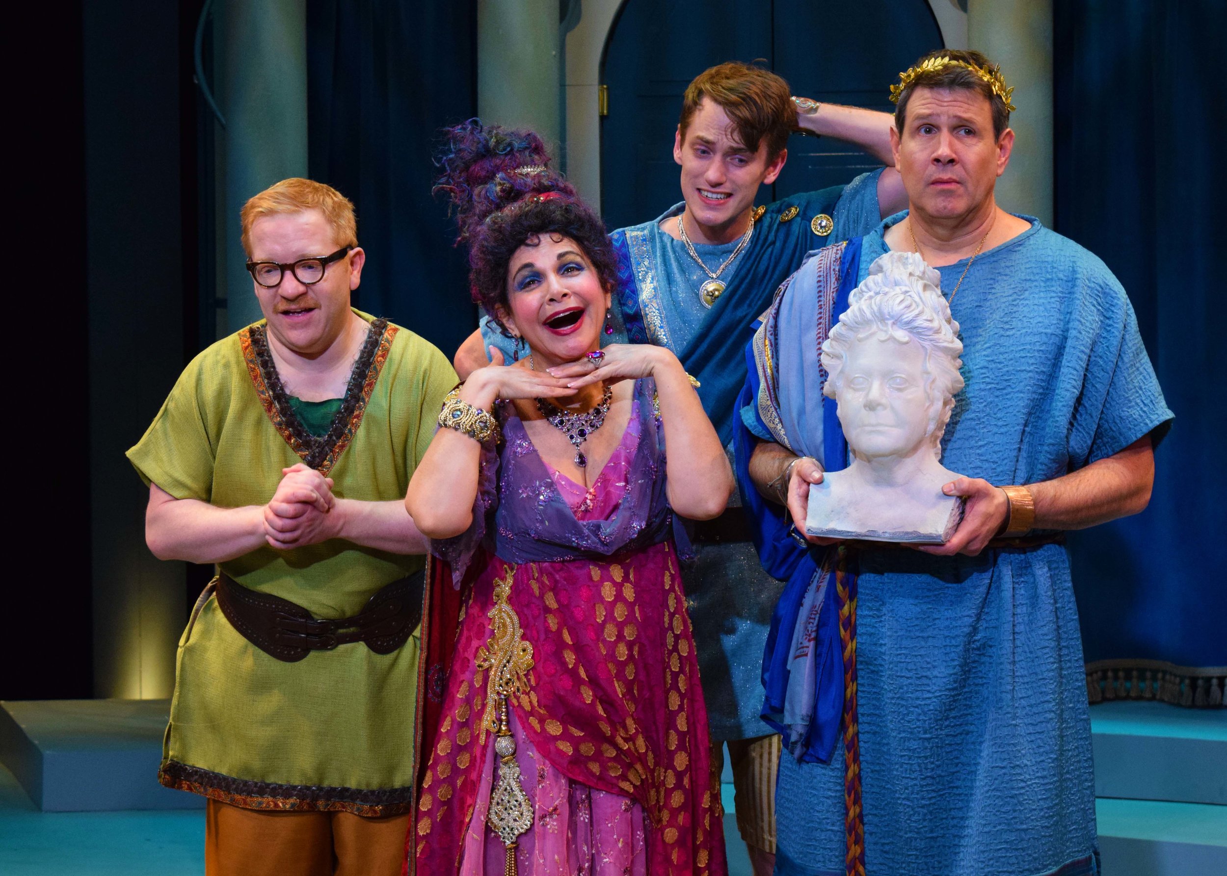  Hysterium (Ethan Cohn), Domina (Candi Milo), Hero (Michael Thomas Grant), and Senex (Kevin Symons) in A Funny Thing Happened On The Way To The Forum at the Garry Marshall Theatre. Photo by Chelsea Sutton.&nbsp; 