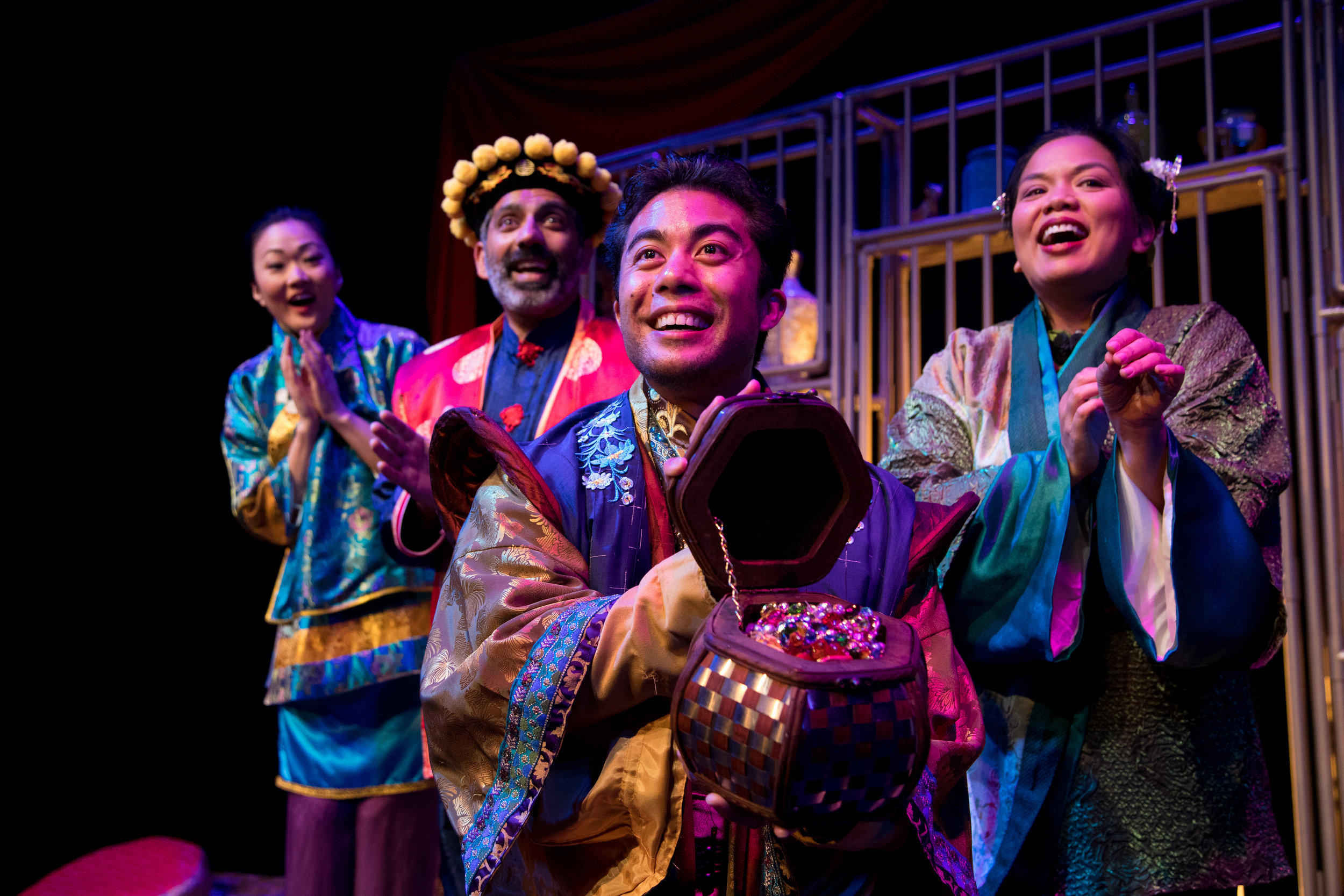 Jully Lee, Ravi Kapoor, Marc Fajardo, and Melody Butiu in The Enchanted Nightingale at the Garry Marshall Theatre. Photo by Lisa Francesca Photography.