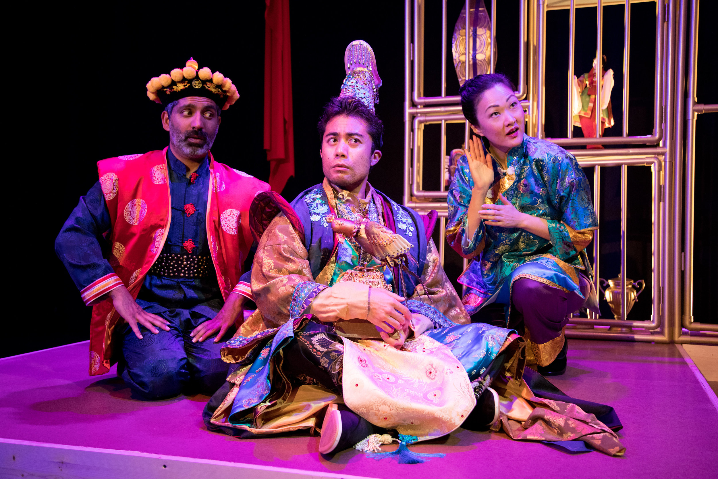 Ravi Kappor, Marc Fajardo, and Jully Lee in The Enchanted Nightingale at the Garry Marshall Theatre. Photo by Lisa Francesca Photography.