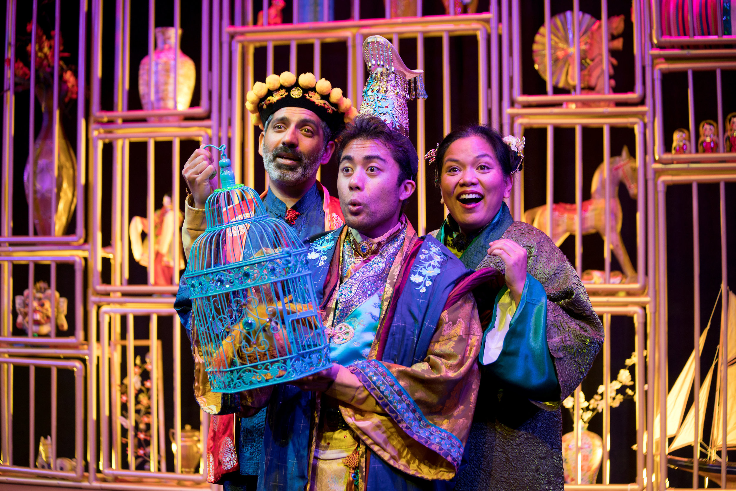 Ravi Kappor, Marc Fajardo, and Melody Butiu in The Enchanted Nightingale at the Garry Marshall Theatre. Photo by Lisa Francesca Photography.