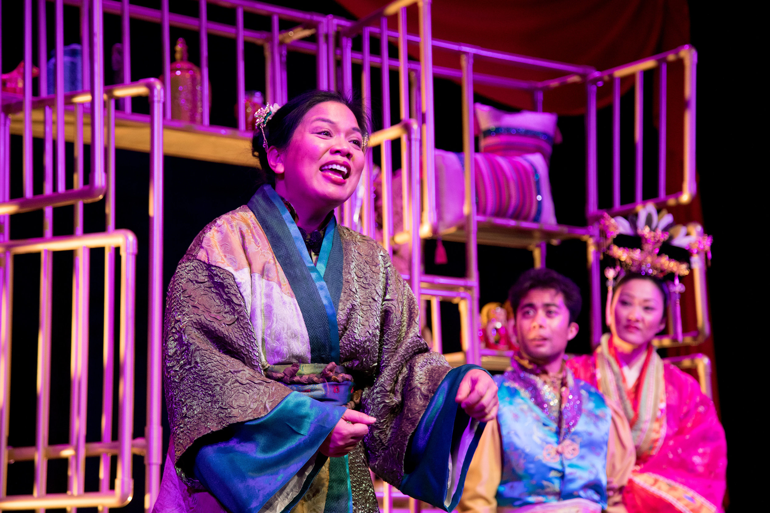 Melody Butiu, Marc Fajardo, and Jully Lee in The Enchanted Nightingale at the Garry Marshall Theatre. Photo by Lisa Francesca Photography.