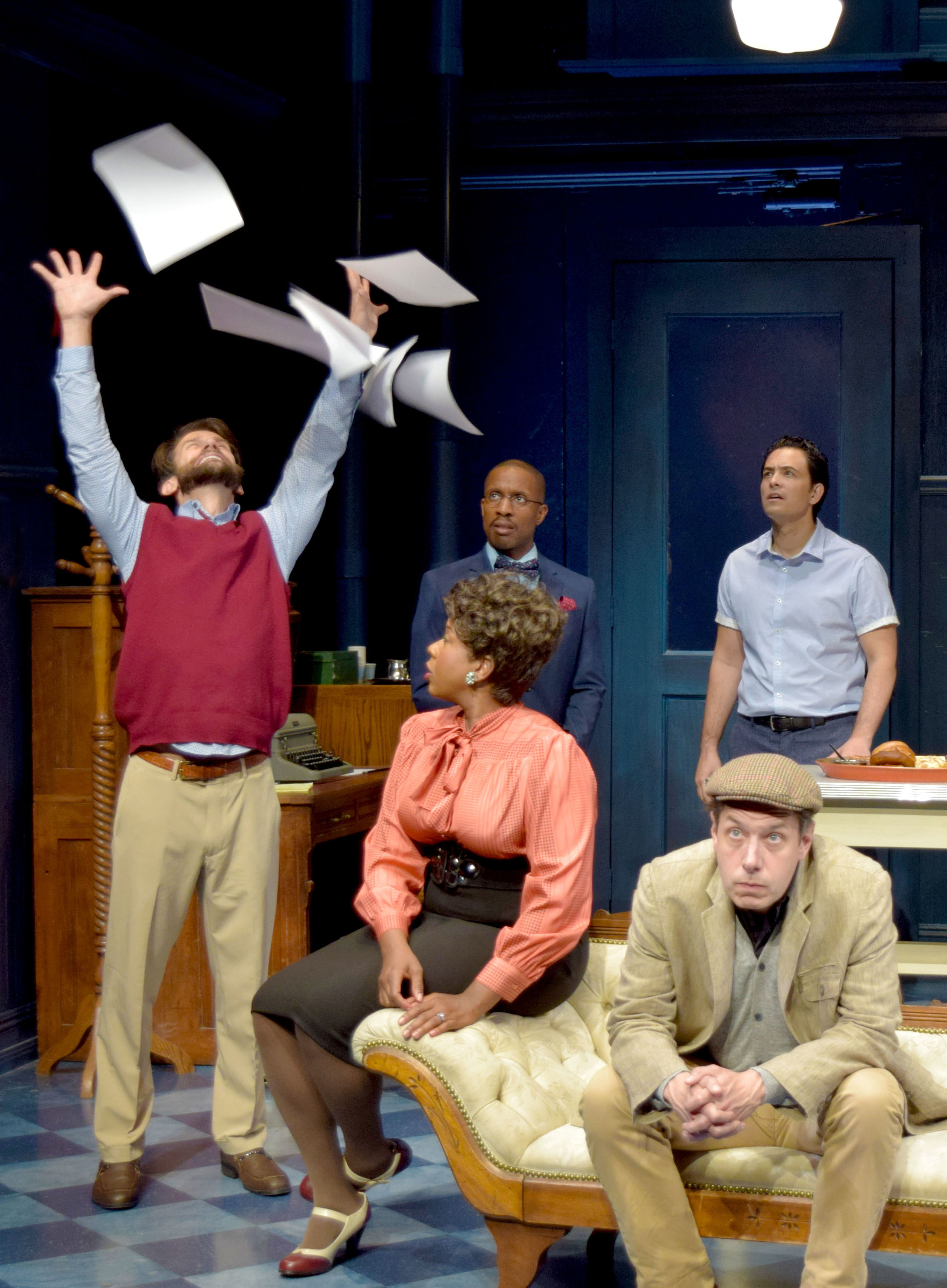  &nbsp;Ira (Jeff Campanella), Kenny (Cornelius Jones, Jr.), Carol (LaNisa Renee Frederick), and Lucas (Jason Grasl), Brian (John Ross Bowie) in Laughter on the 23rd Floor at the Garry Marshall Theatre.&nbsp; 