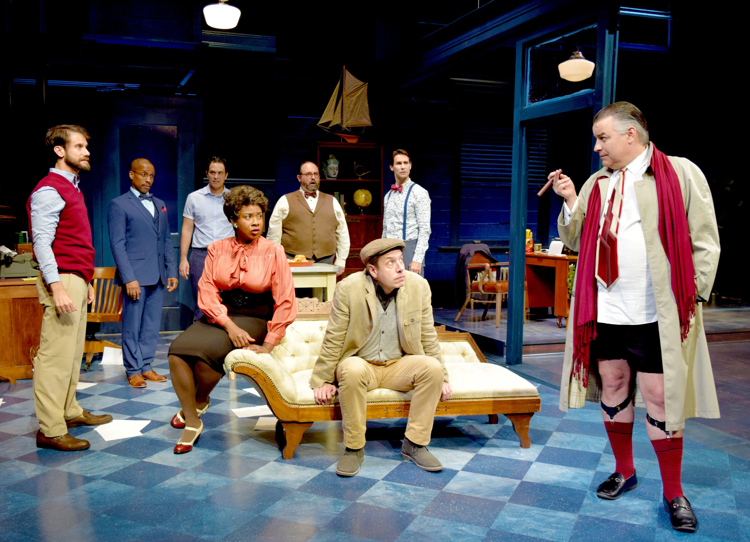 Ira (Jeff Campanella), Kenny (Cornelius Jones, Jr.), Carol (LaNisa Renee Frederick), Lucas (Jason Grasl), Brian (John Ross Bowie), Val (Roland Rusinek), Milt (Ty Mayberry), and Max (Pat Towne) in Laughter on the 23rd Floor at the Garry Marshall Theatre.