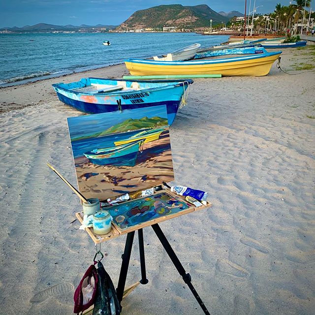 Had a blast painting the pangas at sunset down on the Malecon in La Paz. The people here are awesome, so excited to see a painter set up on their beaches. Everyone wanted a high five or a chat, made it a little tricky to concentrate but this piece wi