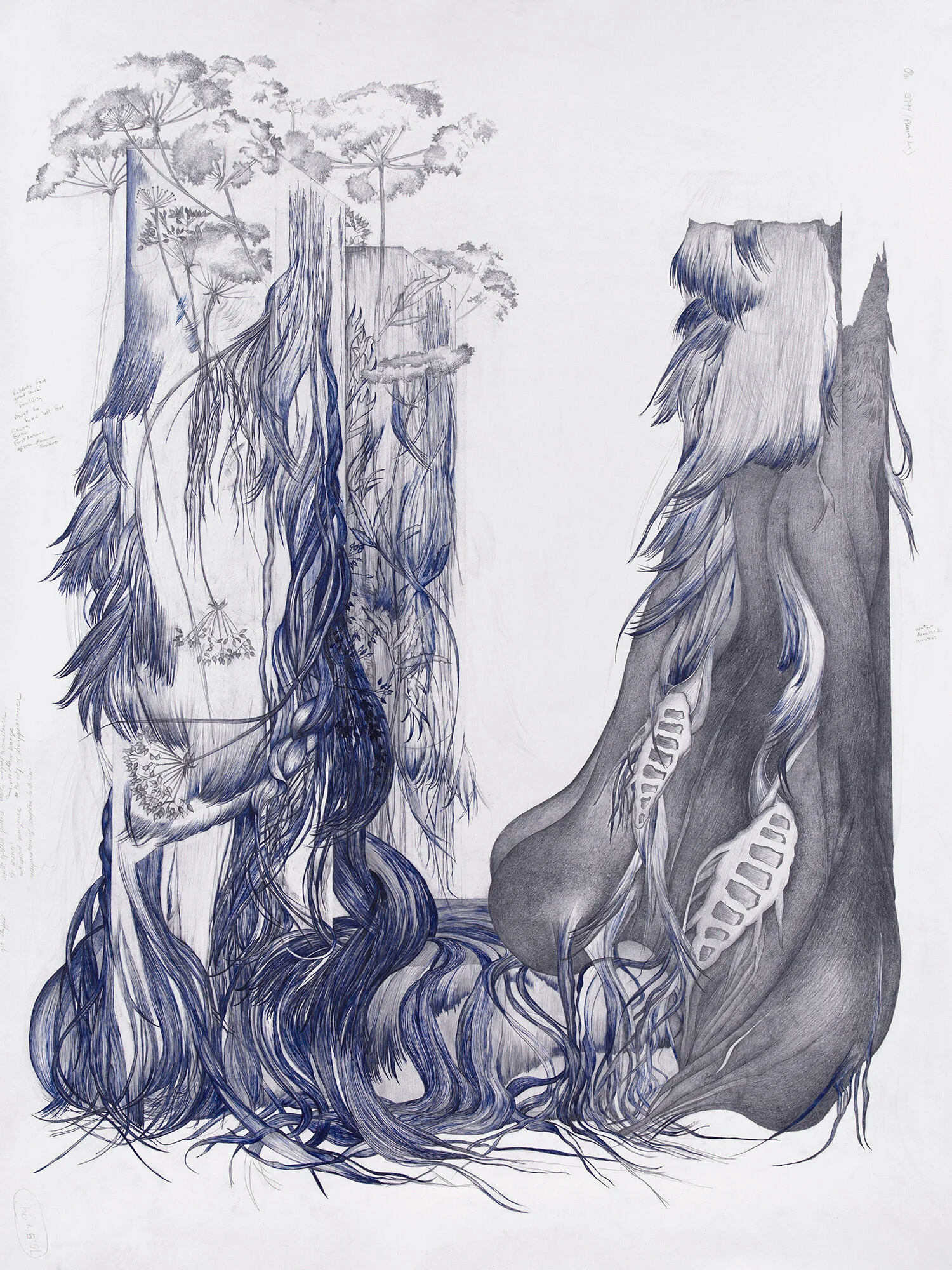  Marlene McCarty,  Decay, Water Hemlock, Glabrous Protuberance, Hair Loss, Queen Anne's Lace, Modern Sculpture, Hirsutism and Multispecies Competition , 2019, 94 x 72 inches.  