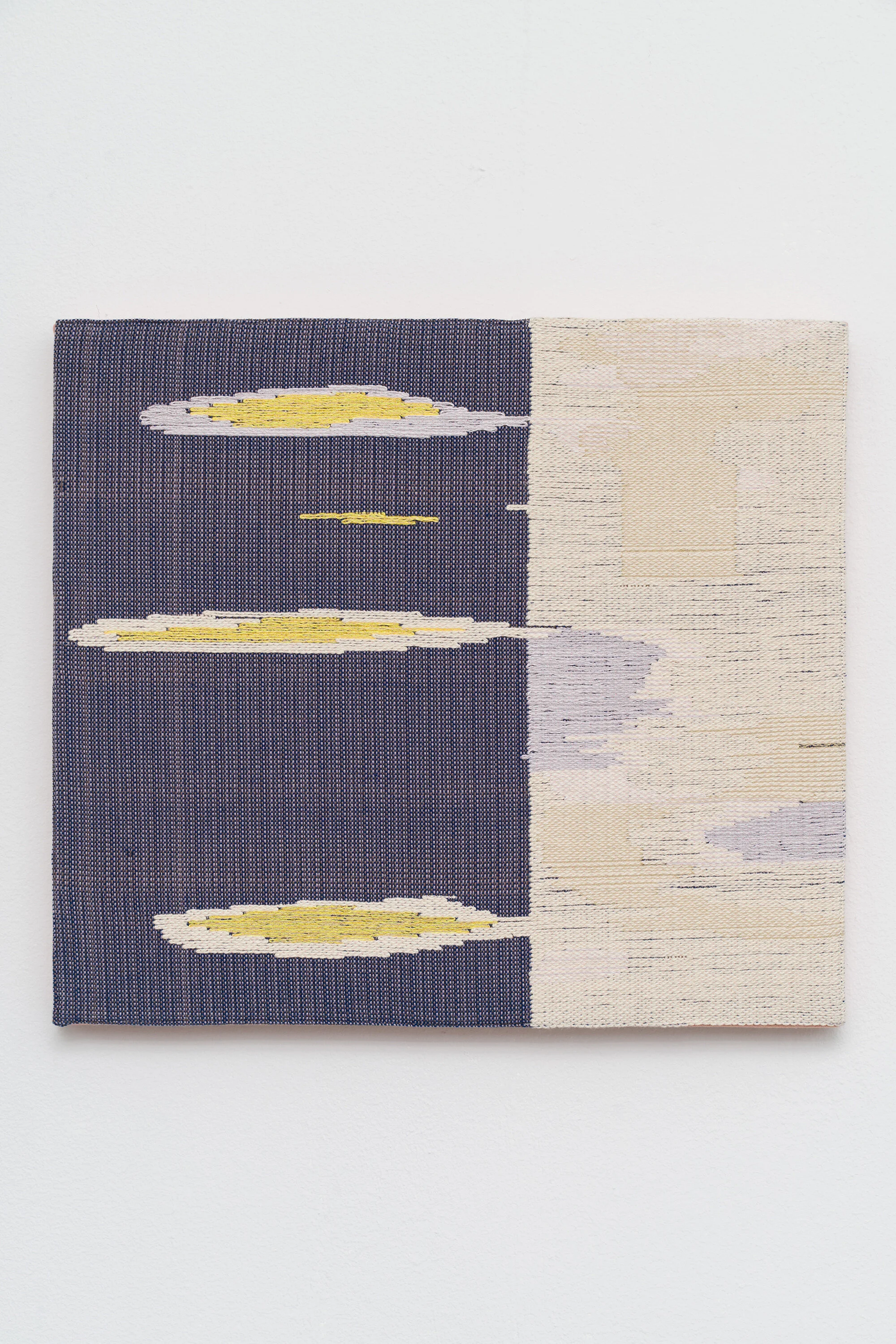   Miranda Fengyuan Zhang,  Untitled (Blue and White) , 2021, Hand woven cotton, 16 x 18 inches.  