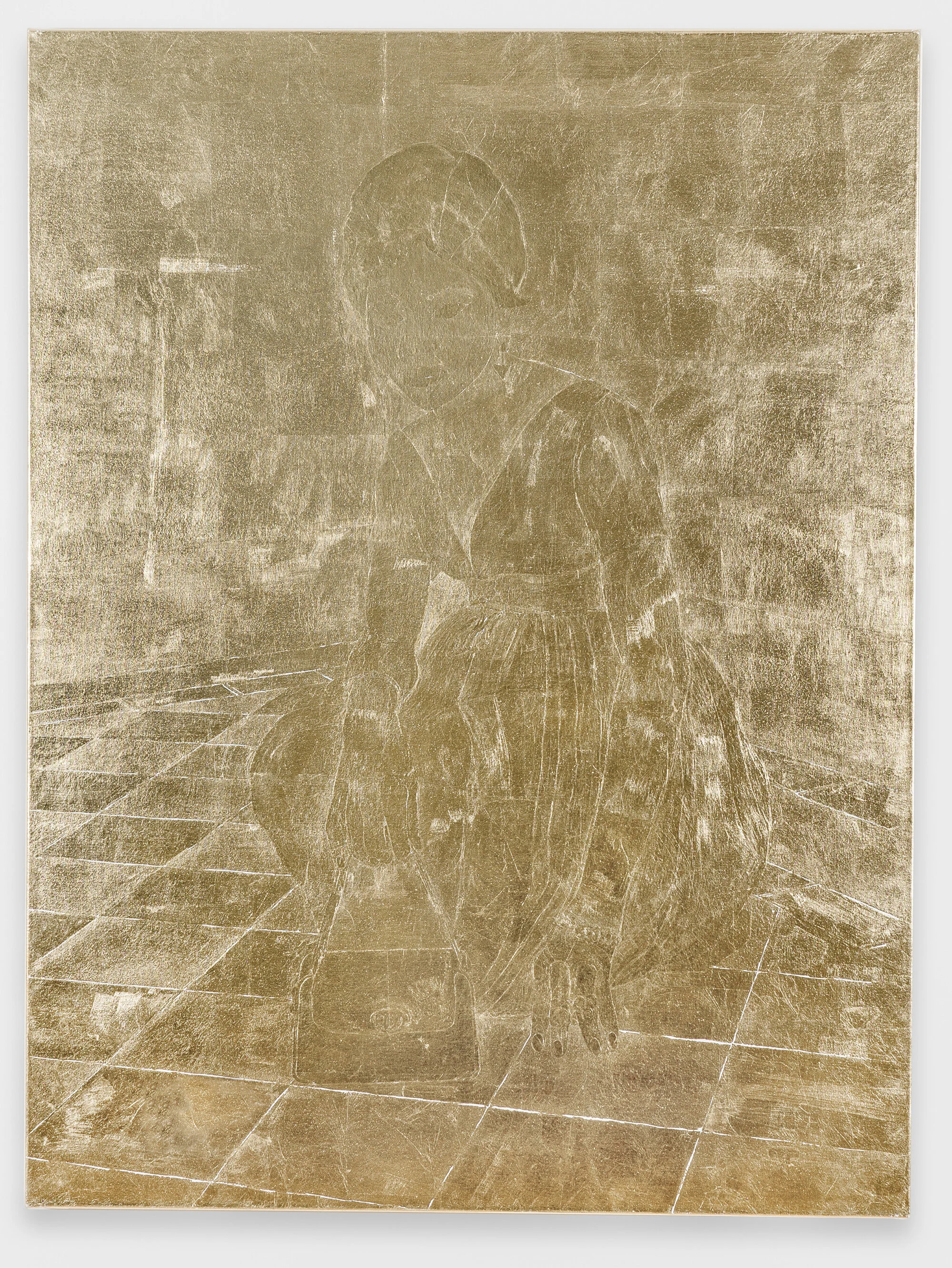   Stacy Lynn Waddell,  WITH MY BAGS, RINGS AND BRACELETS PERFECTLY POISED (FOR M.S.) , 1968/2021, Composition gold leaf on canvas, 48 x 36 inches. Photo credit: Kunning Huang.  