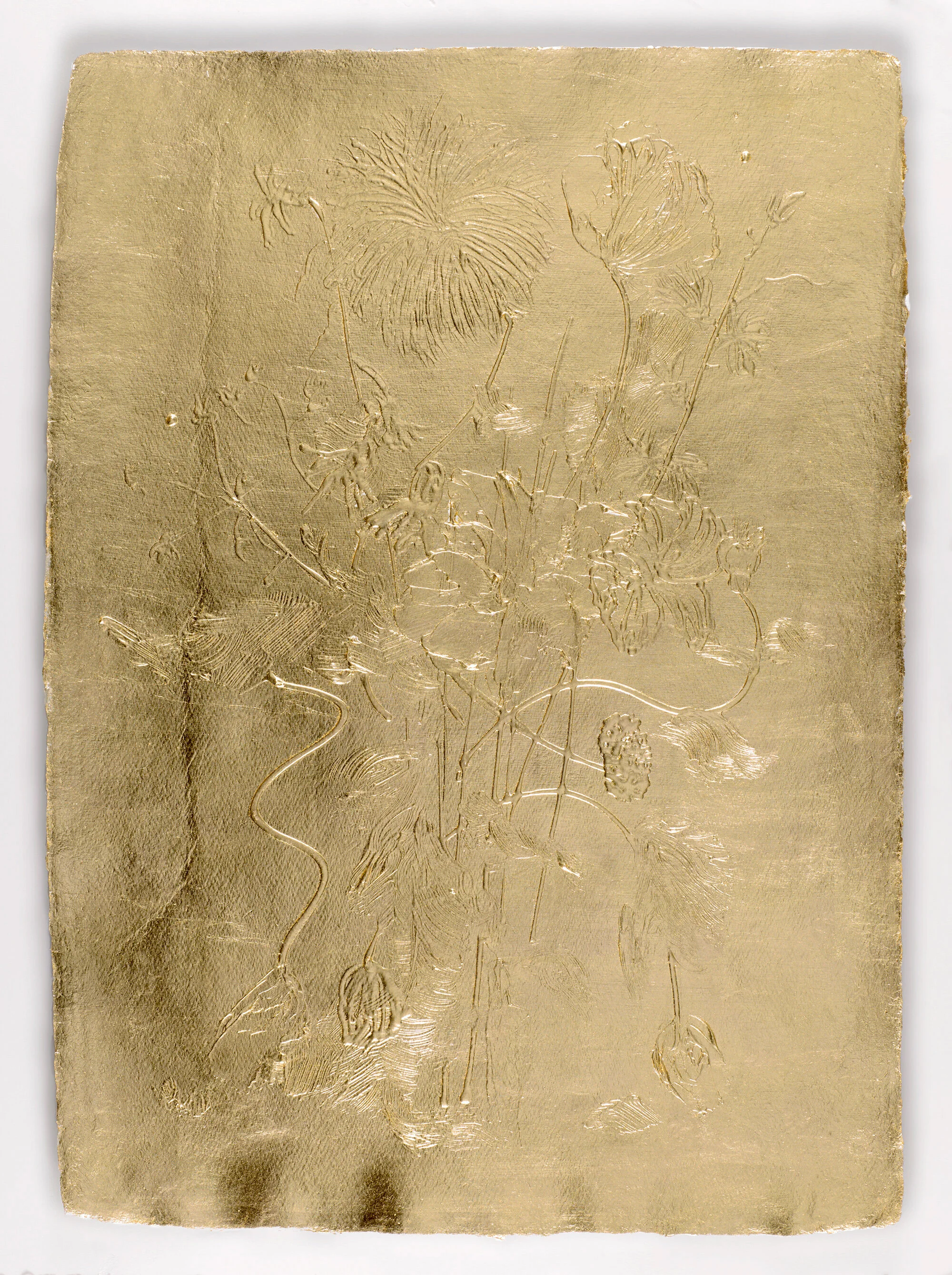   Stacy Lynn Waddell,  Untitled (Floral Relief 1665) , 2021, 22 karat gold leaf on paper, 35 x 26 1/2 inches. Photo credit: Christopher Ciccone.    