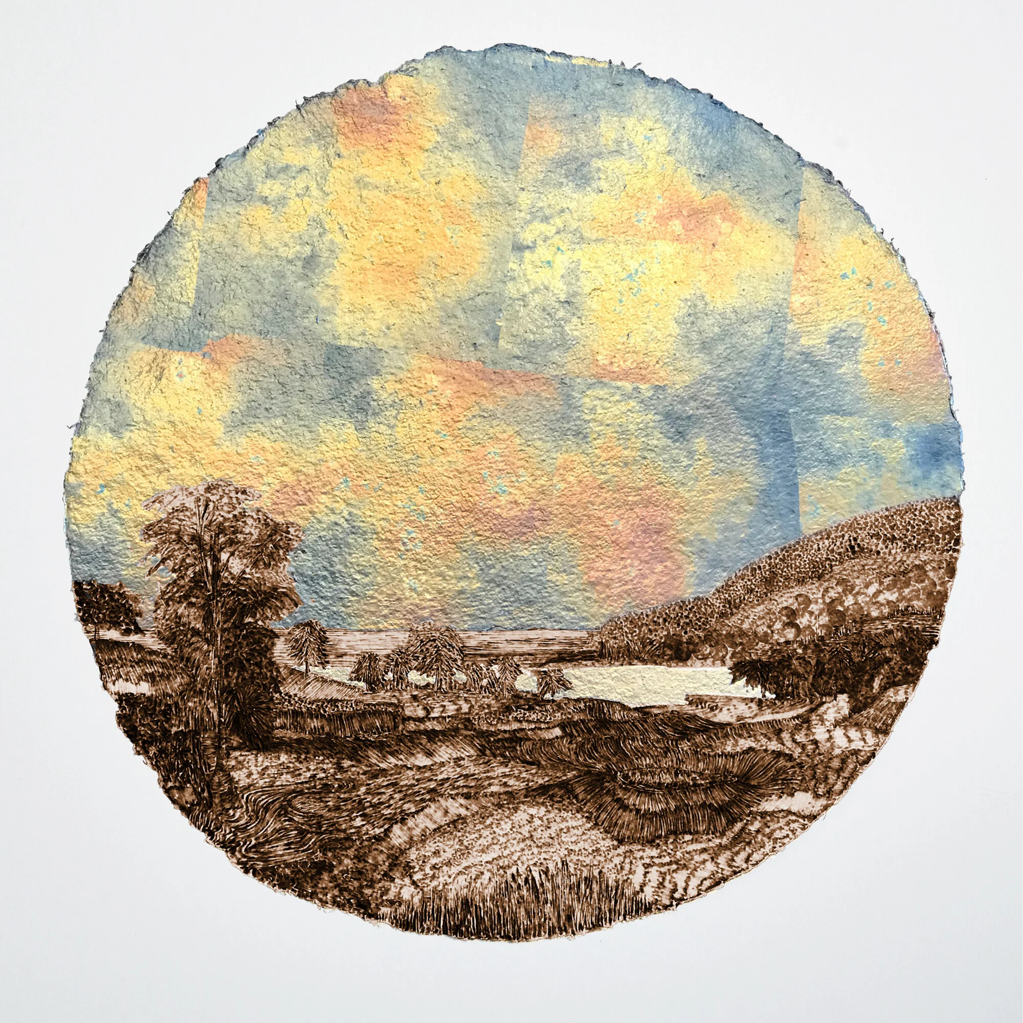   Stacy Lynn Waddell,  Landscape with Rainbow after a Celestial Explosion (for R.S.D.) , 1859/2021, Burned handmade paper with blue pencil, variegated metal and composition gold leaf, 21 x 21 inches.  