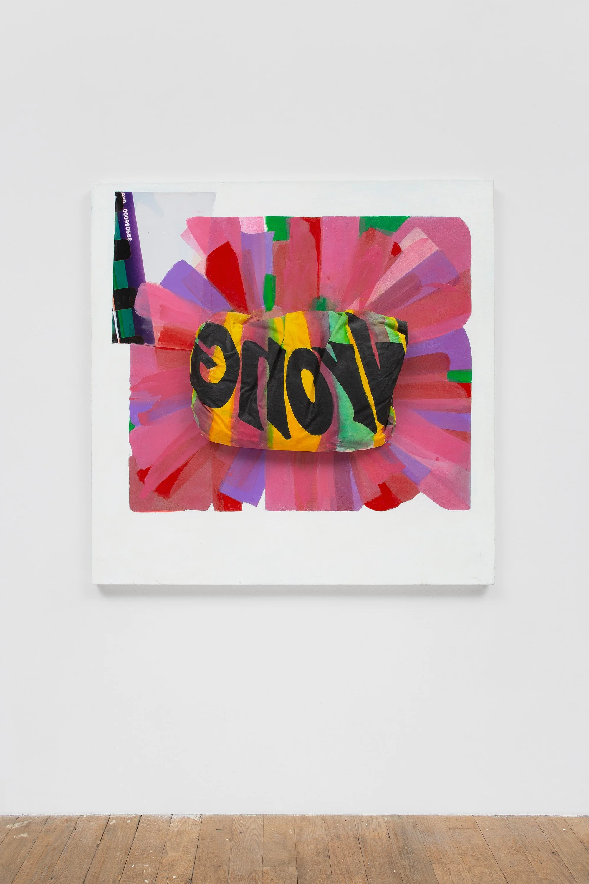   Rochelle Feinstein,  Gnorw , 2008, Acrylic, handmade pillow, Cibachrome collage on canvas, 40 x 38 inches. Photo credit: Adam Reich.  