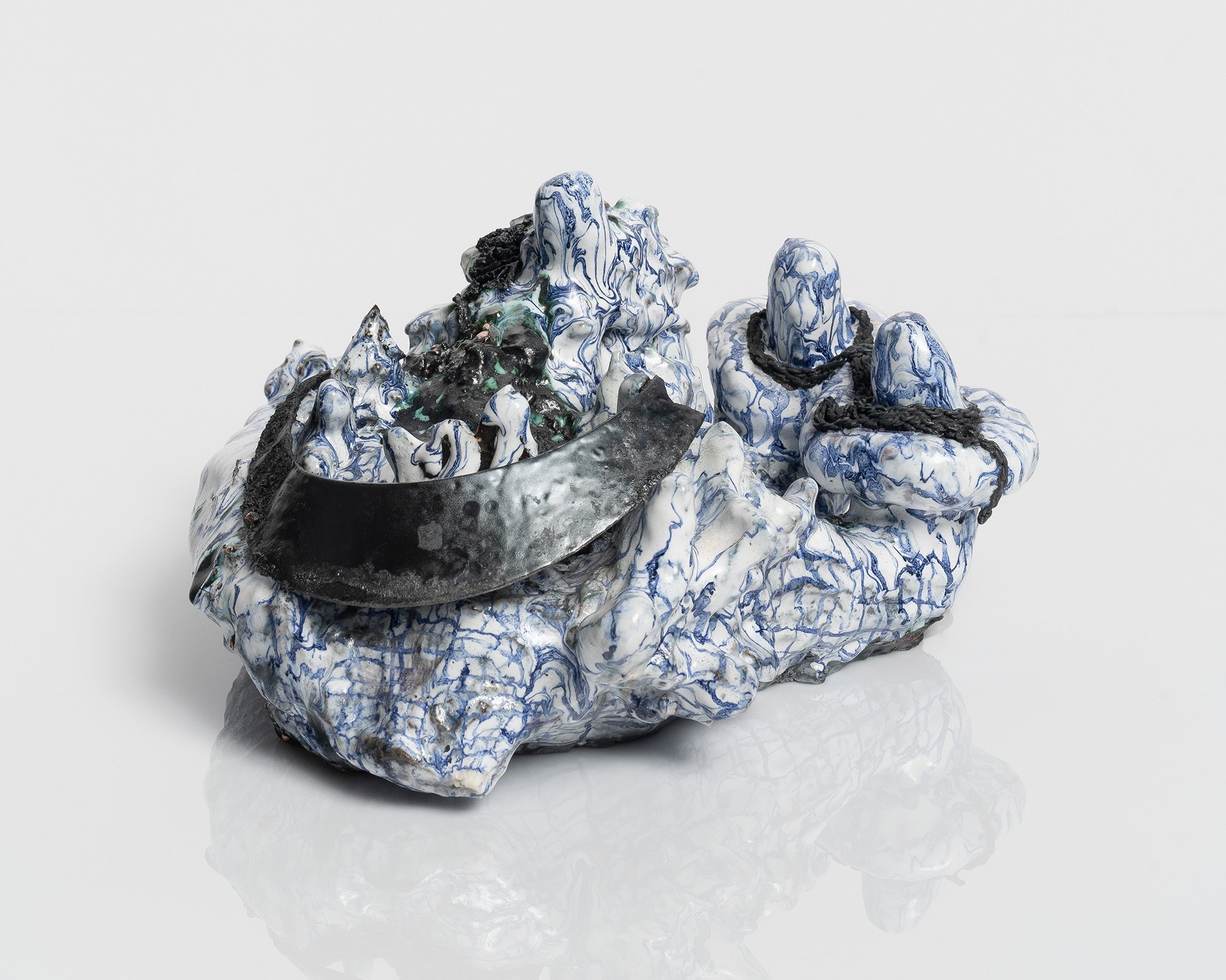   Julia Haft-Candell,  Hand/Feeler: Soft Grid with Infinity and Necklaces , 2022, Fired clay, glaze, bronze, jewelry and glass, 6 1/2 x 12 x 11 1/2 inches. Photo credit: Mason Kuehler.  