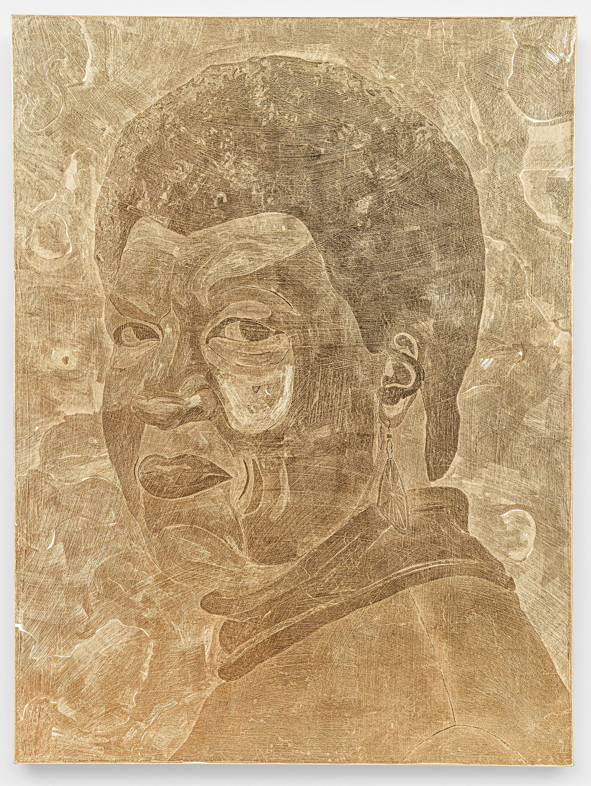 Stacy Lynn Waddell,  The Dawn of our Kindred Sower of Parable (for Octavia E. Butler) , 2020, 22 karat gold leaf on canvas, 48 x 36 inches. Photo credit: Kunning Huang.